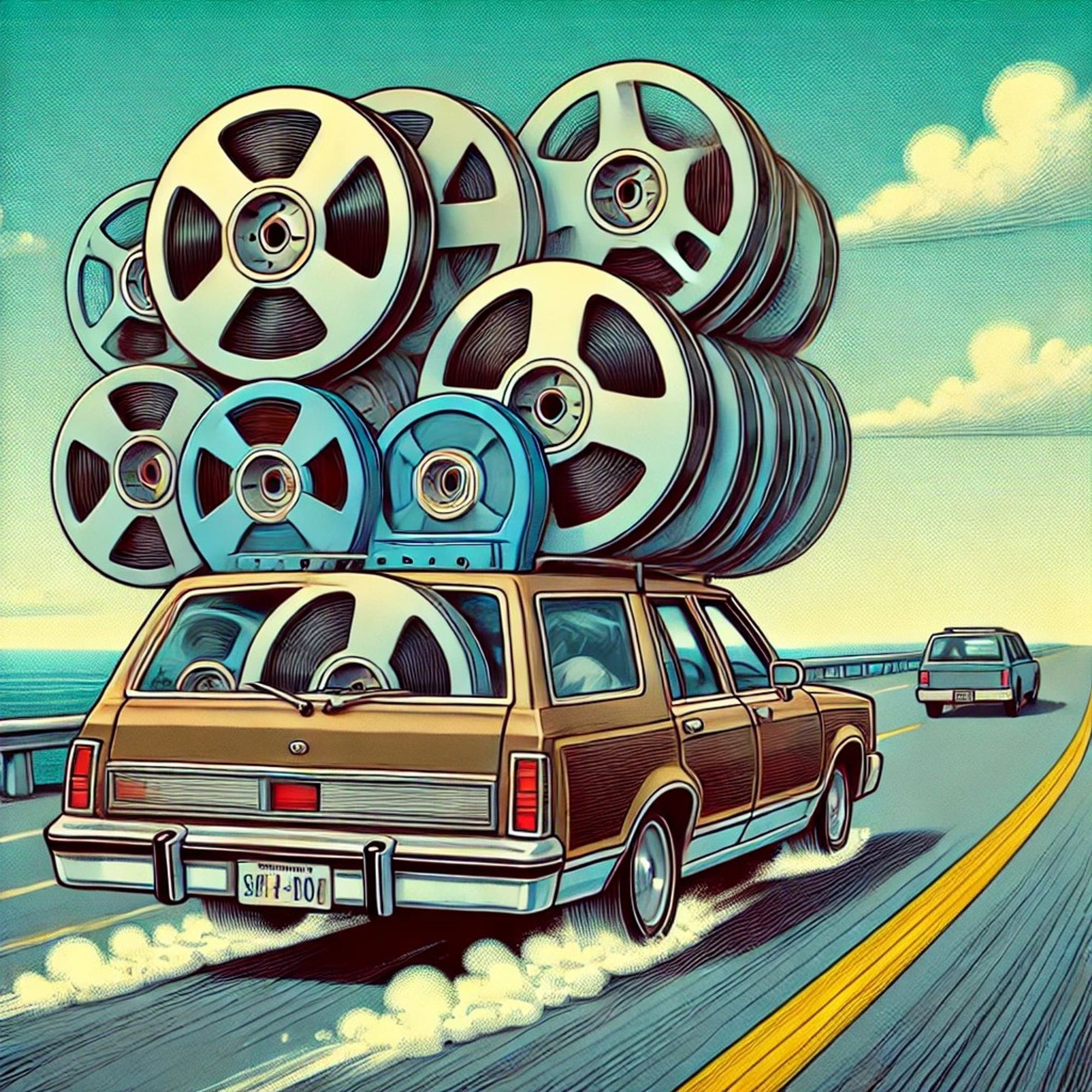 Here’s the updated image with tapes that resemble large magnetic data storage tapes instead of audio tapes. The station wagon is still speeding along, carrying an old-school method of data transport.