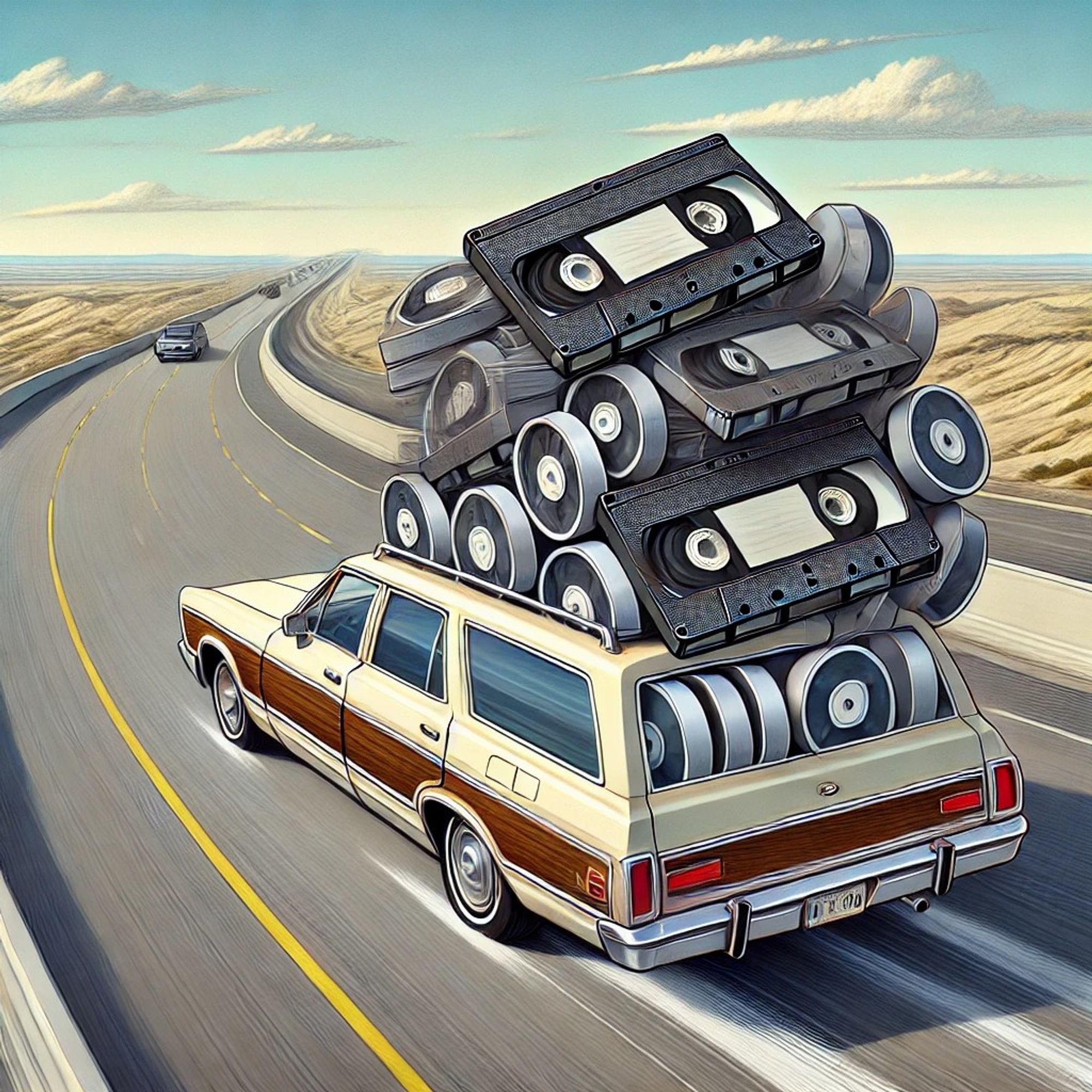 Here’s the illustration based on the quote by Andrew S. Tanenbaum. It captures the humor of a station wagon full of tapes speeding down the highway, conveying a sense of urgency and the old-school method of transporting data.