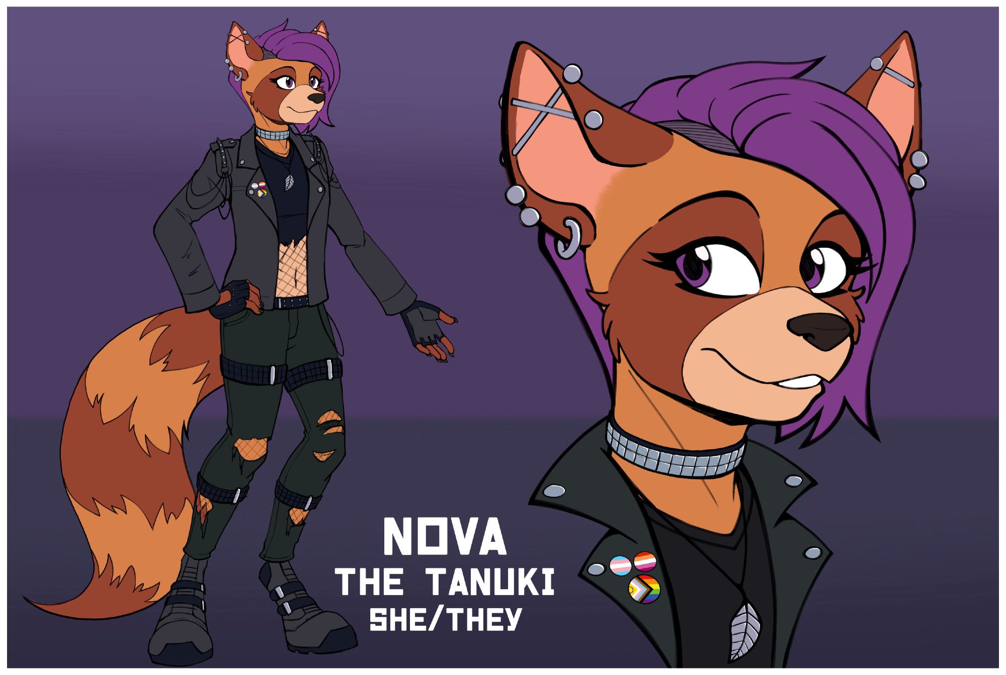 Reference sheet of Nova, an anthropomorphic raccoon dog with purple hair and punk clothing