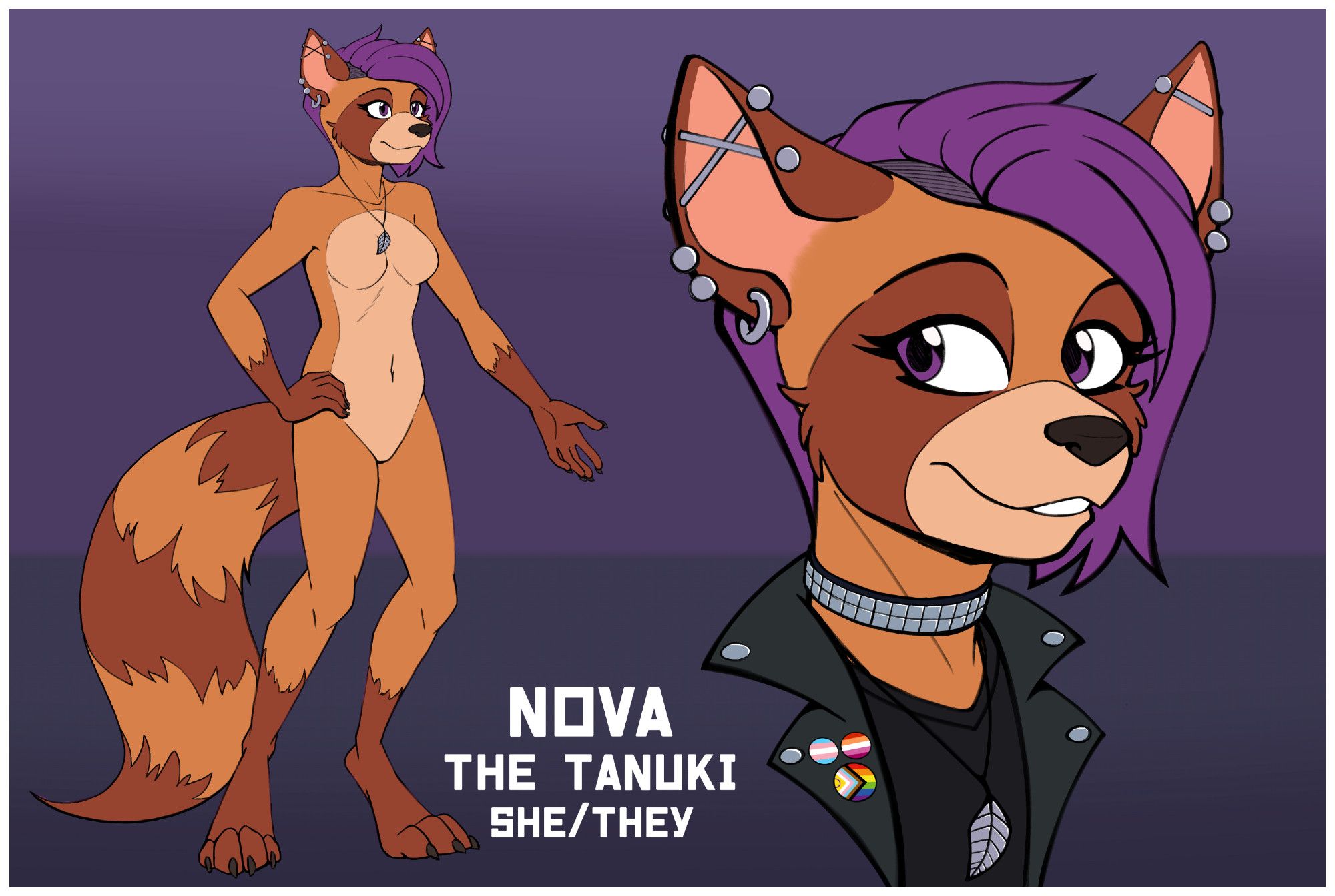 Nude (sfw) reference sheet of Nova, an anthropomorphic raccoon dog with purple hair