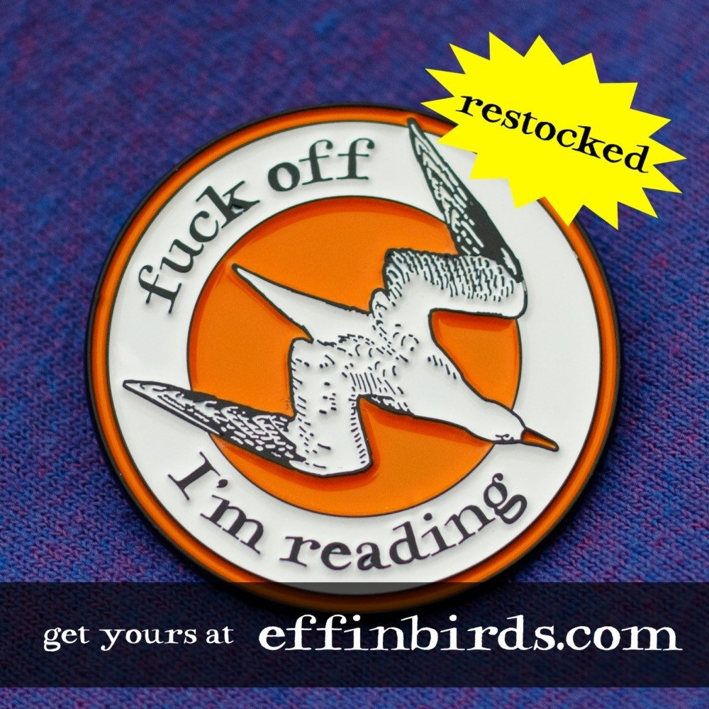 An enamel pin that reads "fuck off, I'm reading."