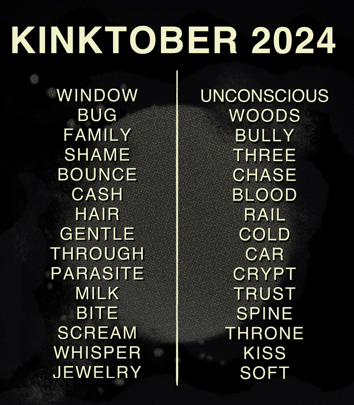 Kinktober 2024 prompt list: Window, Bug, Family, Shame, Bounce, Cash, Hair, Gentle, through, parasite, milk, bite, scream, whisper, jewelry, unconscious, woods, bully, three, chase, blood, rail, cold, car, crypt, trust, spine, throne, kiss, soft