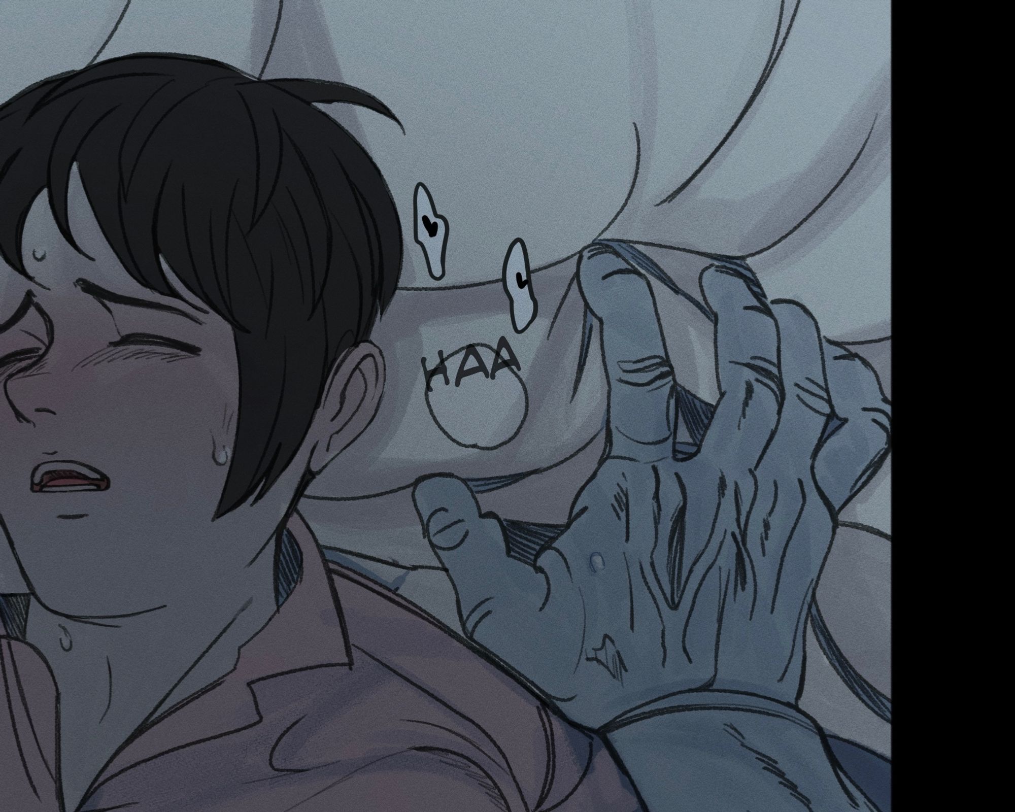 Comic panel preview from a yet unreleased page of Little Death chapter 2. Callisto’s POV as he looms over Ellery who is panting and moaning on his own plush bed. Callisto’s hand grips the pillow under Ellery’s head with such strength his veins pop. Ellery doesn’t seem notice Callisto’s presence.