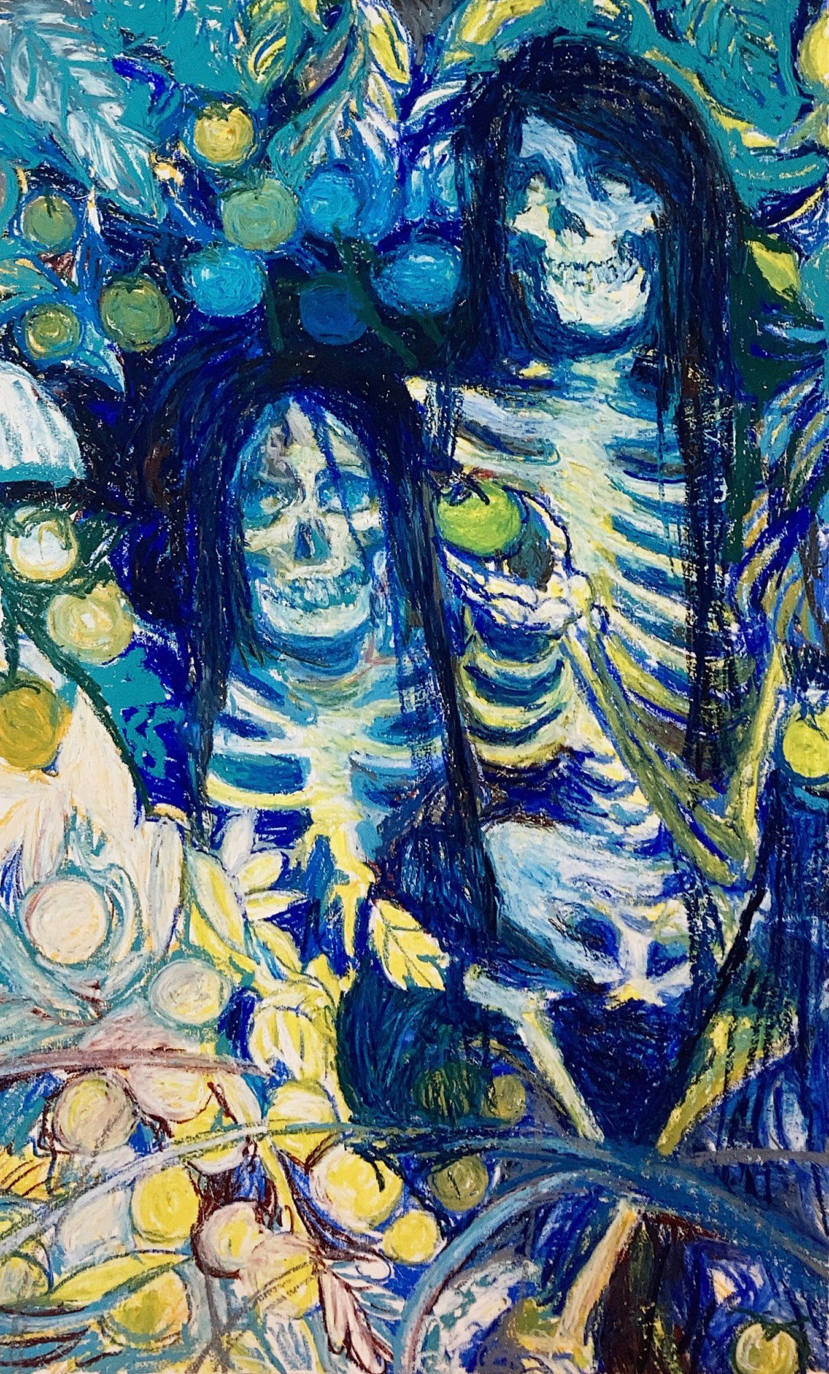 Human skeletons holding fruit in an edenic garden