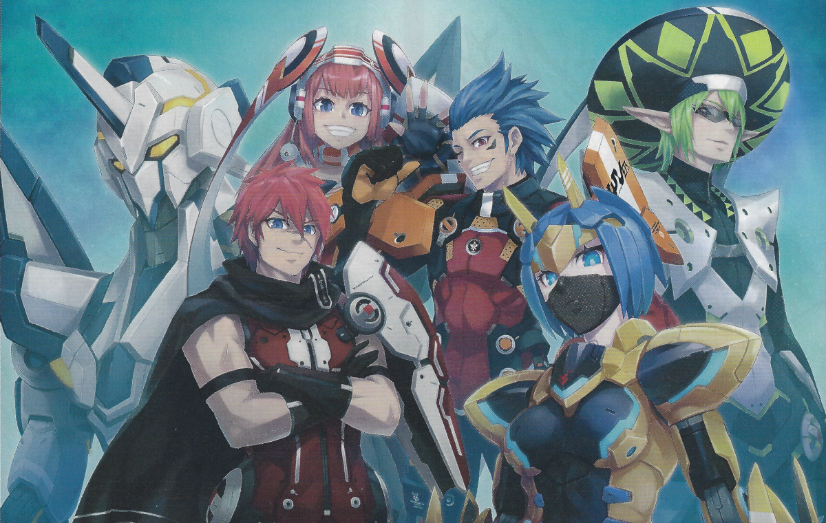 Phantasy Star Online 2 illustration of the Council of Six characters. From left to right: Regius, Zeno, Klariskrays III, Huey, Maria, and Casra.