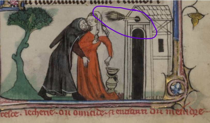 Picture from an old manuscript of a "lewd hermit" grabbing a woman's vulva. Also, there's a broom coming out of the top of a building?