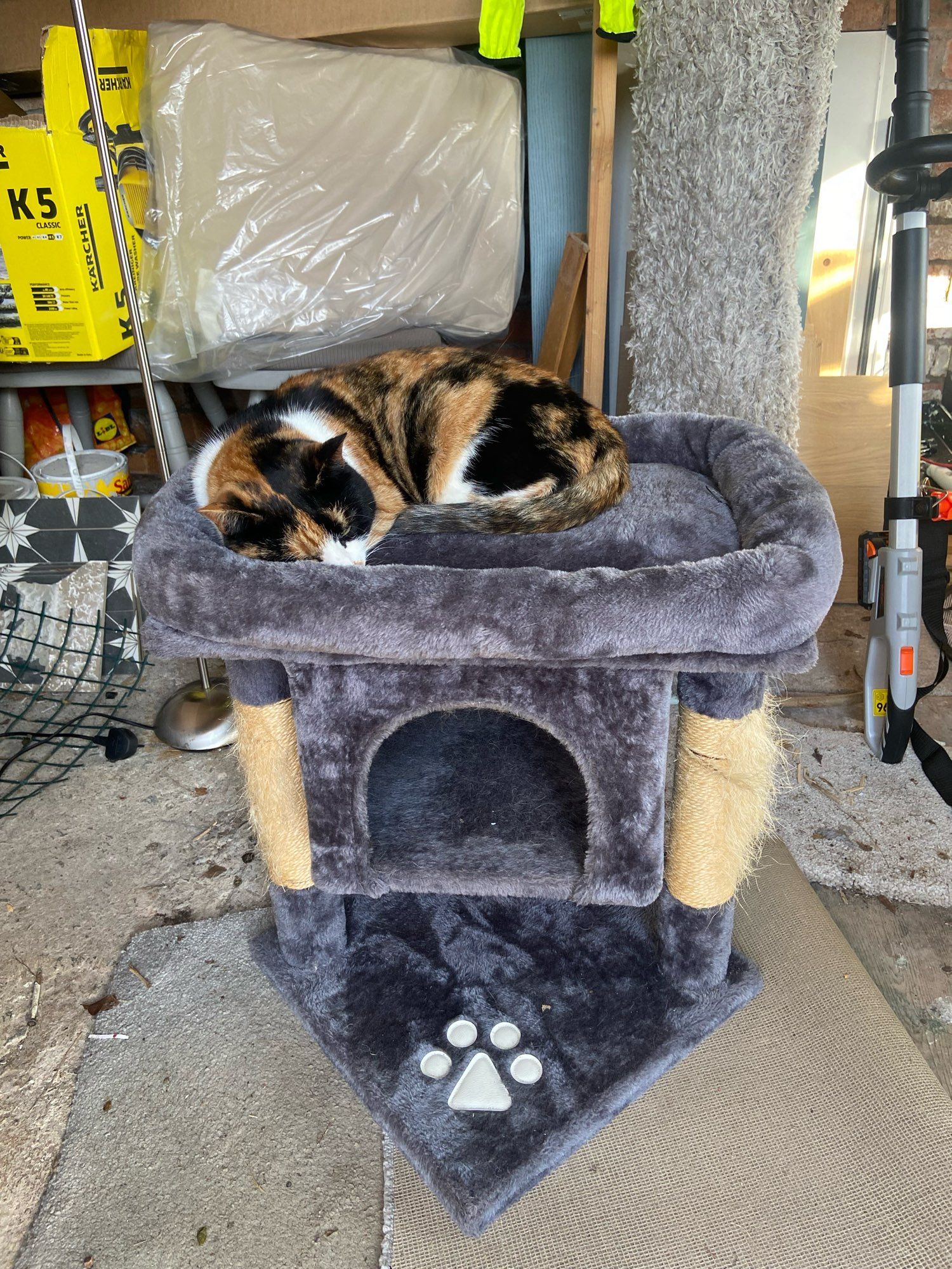 A calico cat is sleeping on the top of a tall grey cat bed inside a garage. In the background are tools, tiles and a tin of paint. The cat does not care.