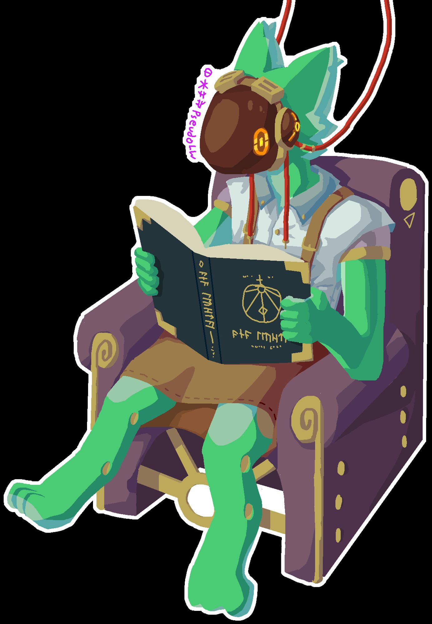 Aiz, a protogen, reading a book