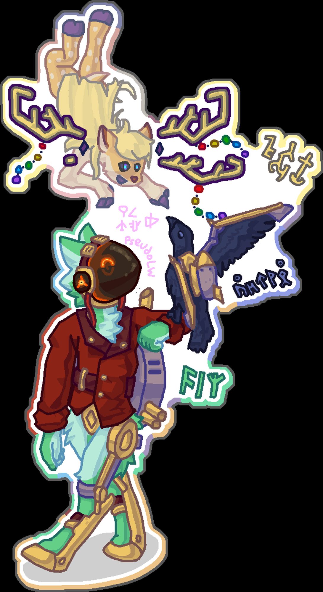 Aiz (a protogen) holding a semi-mechanical crow while Autsukya (a floating ghost doe) is playing with it.