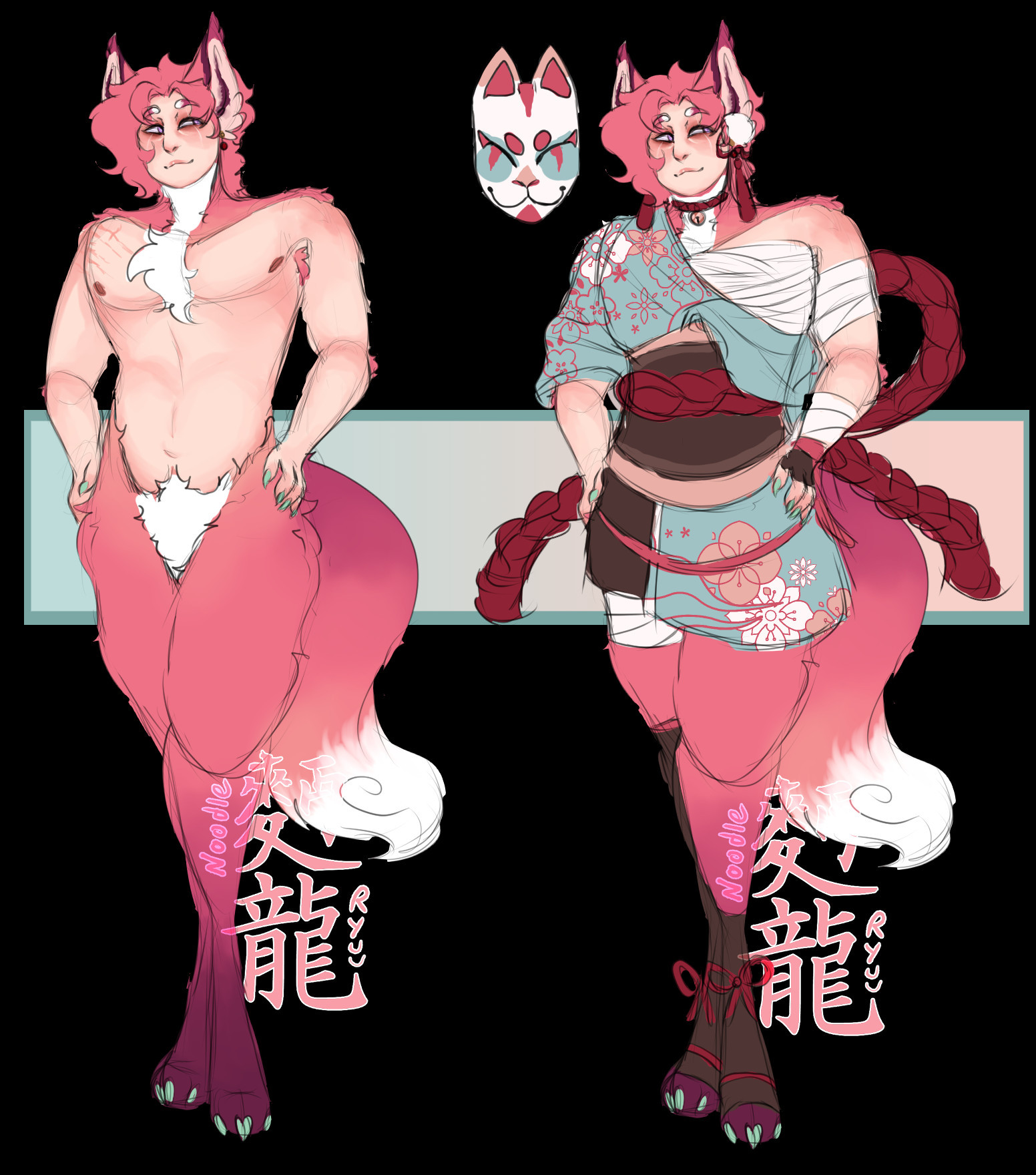 a pink fox themed guy with a kitsune inspired outfit 