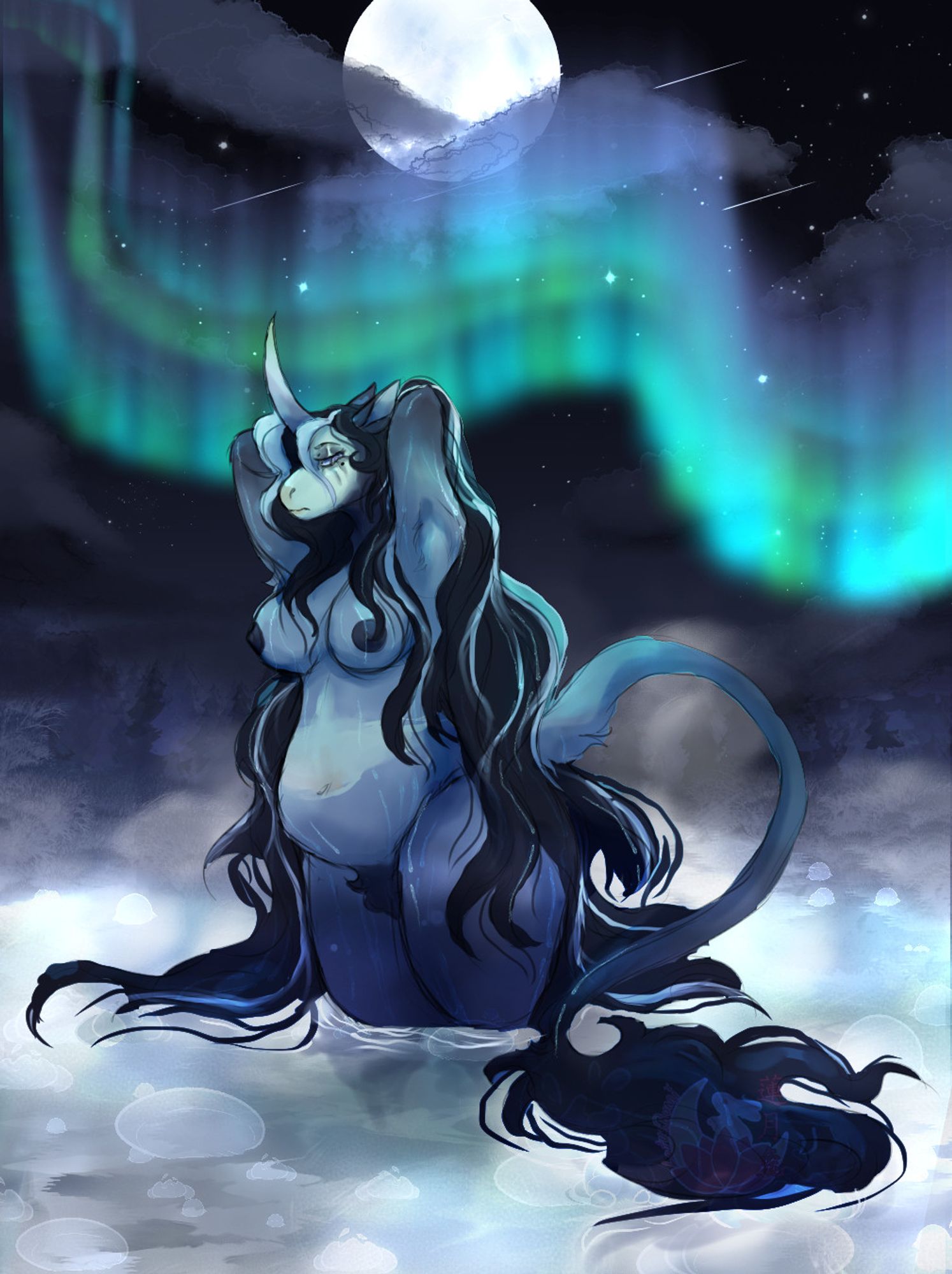 an anthro unicorn woman bathes in a hot spring with an aurora over her and the moon in full view