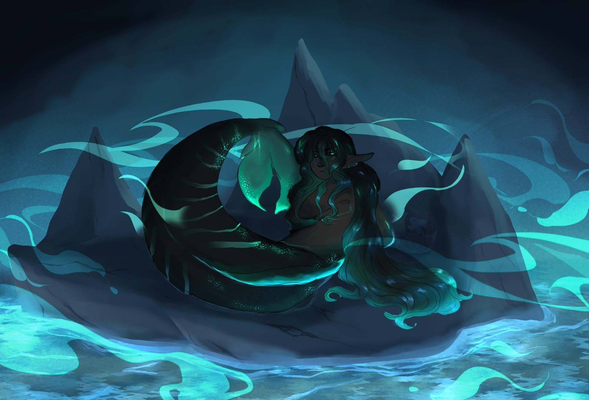 A large mermaid in a dark cave with glowing water and mist