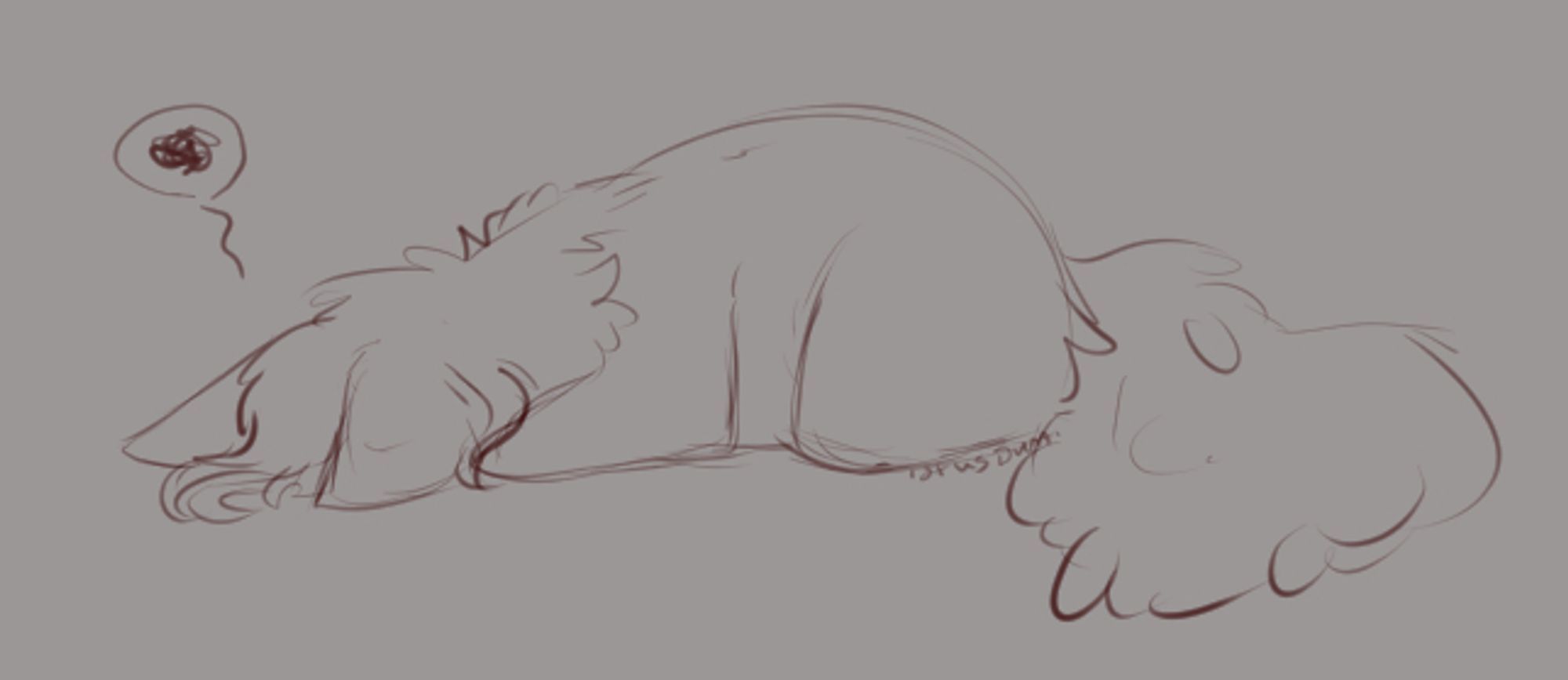 a doodle of a cat laying face down. A bubble over their head shows they are upset