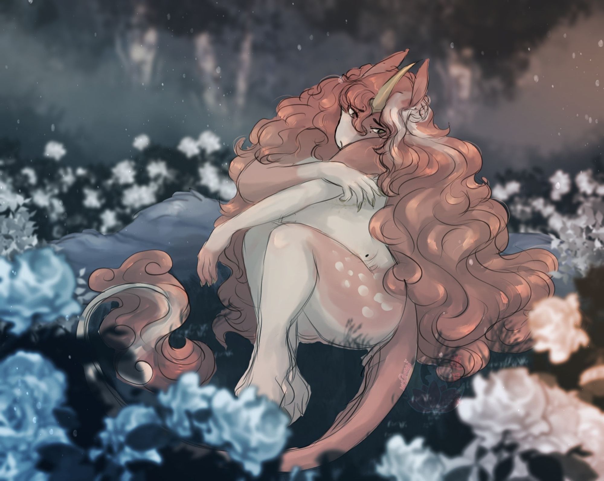 Anthro unicorn in a field of white roses