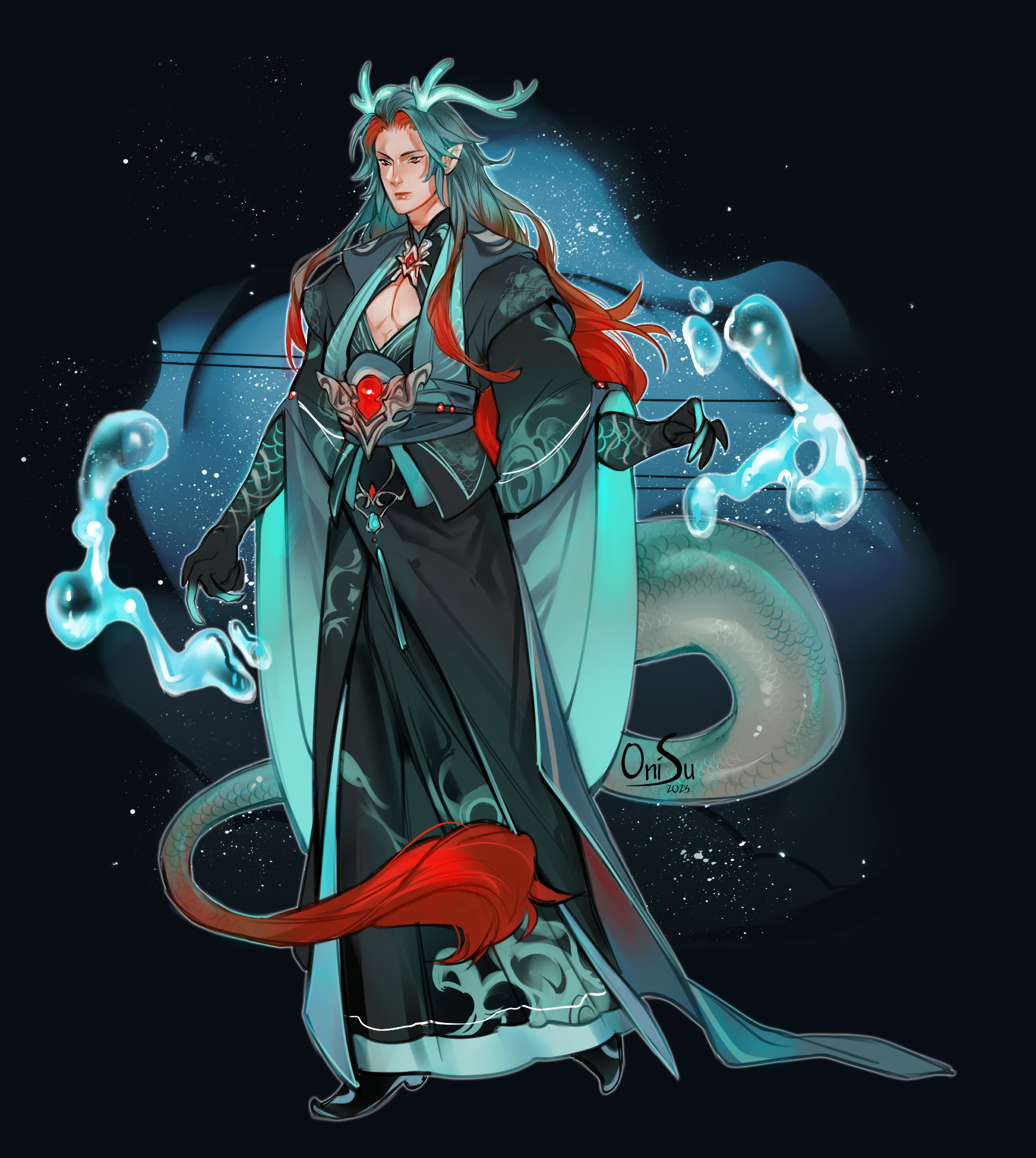 a man with blue/green and red scales that look dragonish. She has a dragon tail and horns. His hair matches his scales. He is wearing something akin to a hanfu and has water floating around him. OniSu 2023 is the artist signature.