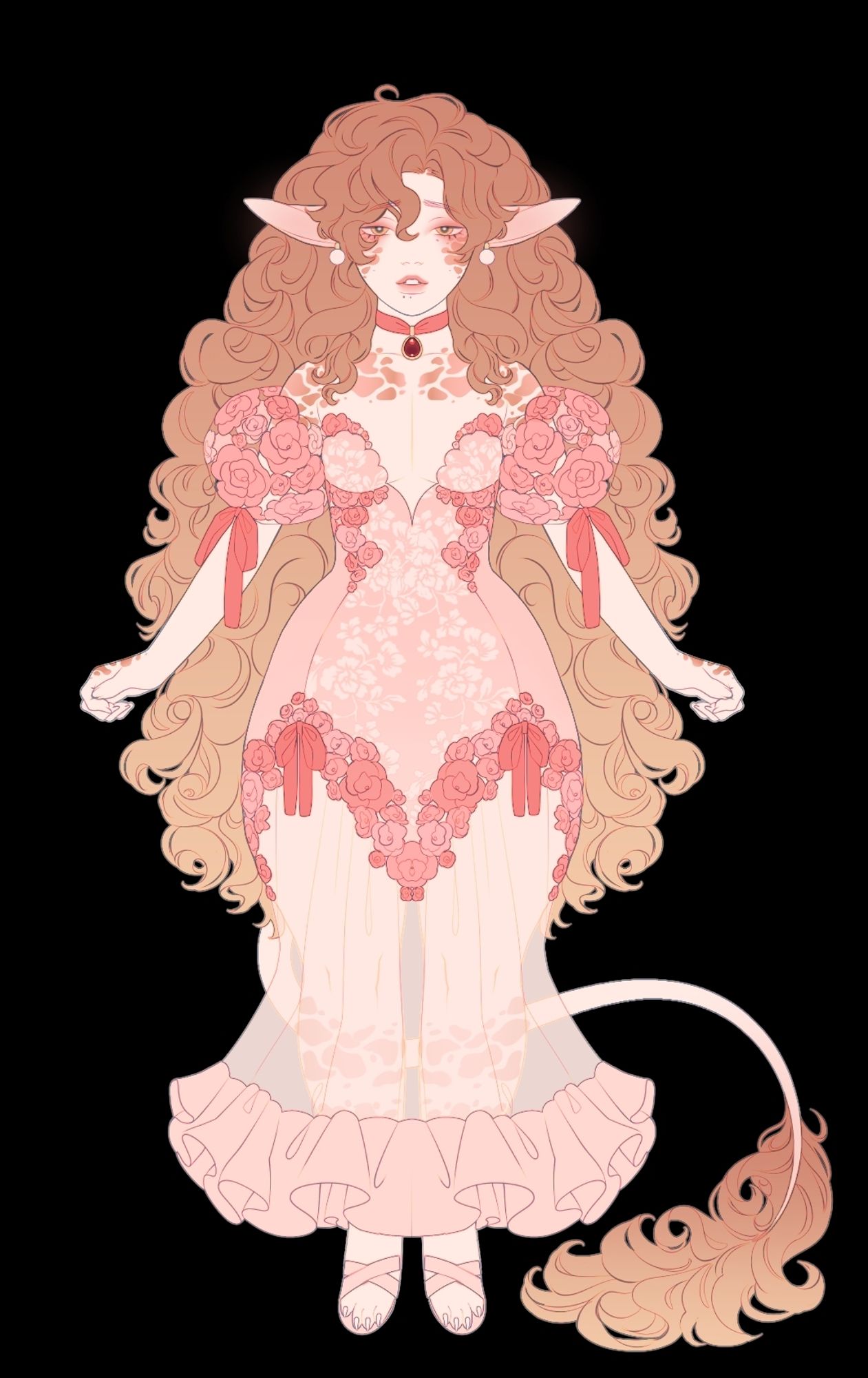 A pretty elven man with Rose gold scales and rosey blonde hair stands in a beautiful dress. The dress is see-through on the lower thigh down. He has paws and a tail as well.