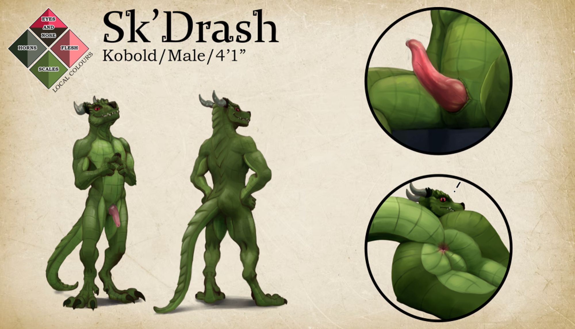 Refsheet of green Kobold but nude