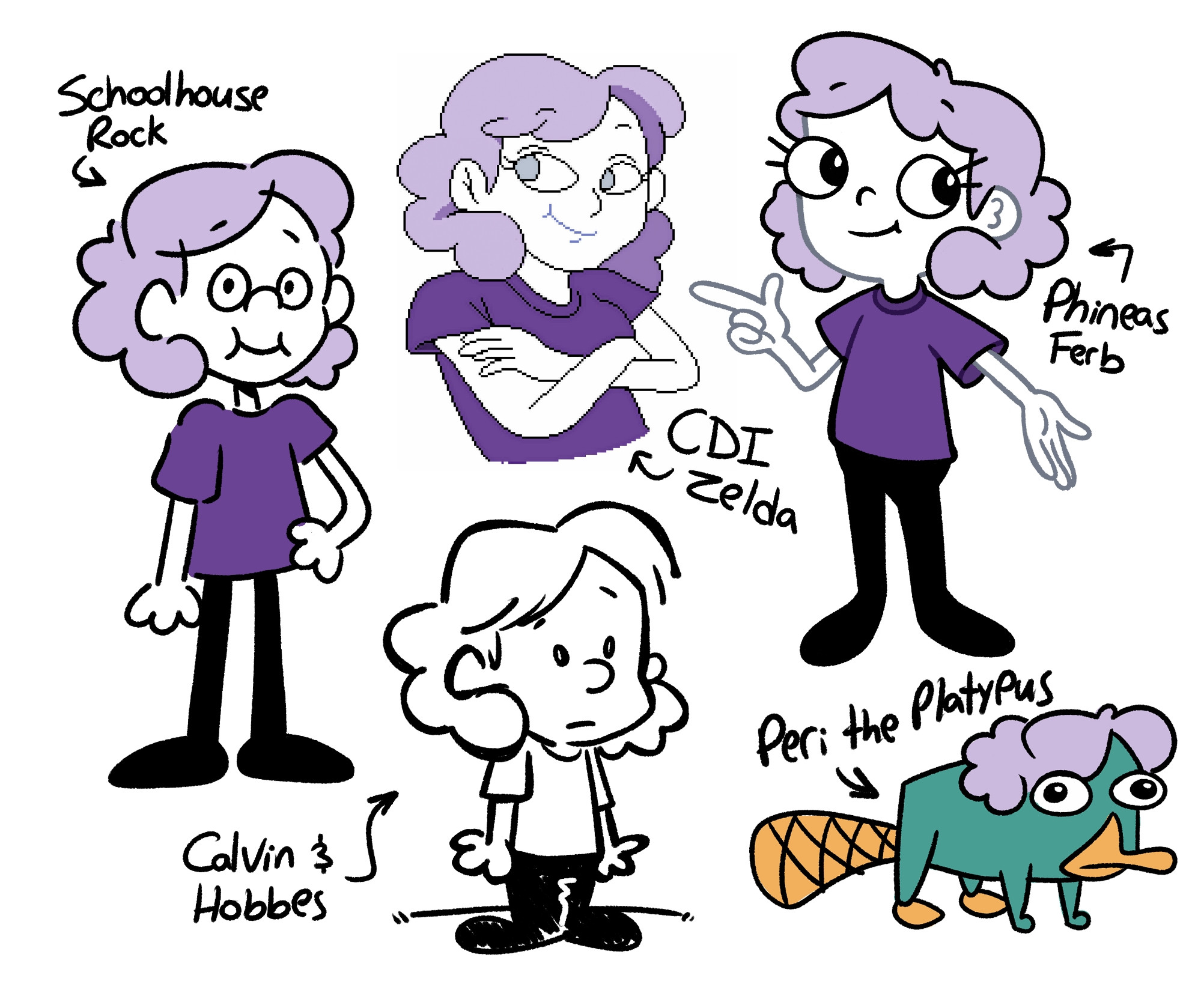 Peri in the style of: schoolhouse rock, CD-I Zelda, Calvin & Hobbes, Phineas and Ferb. With a bonus "Peri the Platypus"