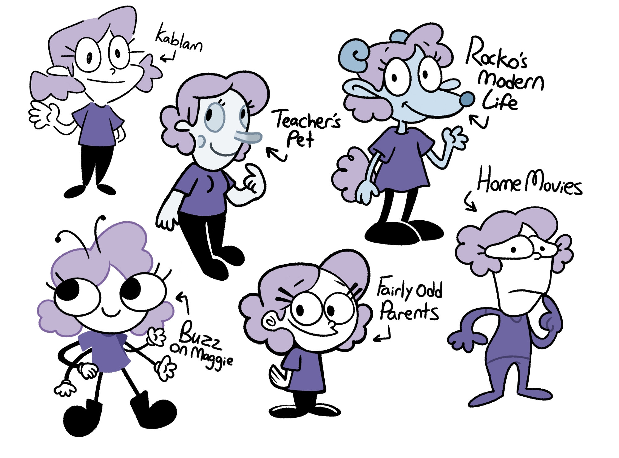 Peri in the styles of: Kablam, Teacher's Pet, Buzz on Maggie, Rocko's Modern Life, Fairly Odd Parents and Home Movies