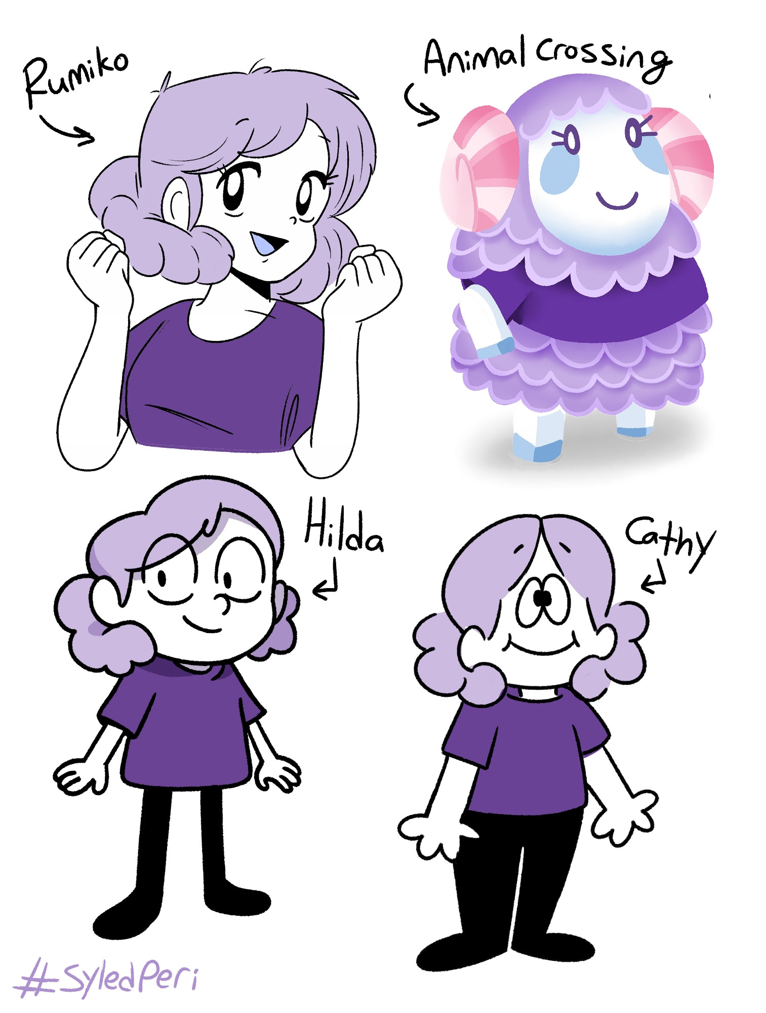 Peri in the styles of: Rumiko Takahashi, Animal Crossing, Hilda and Cathy