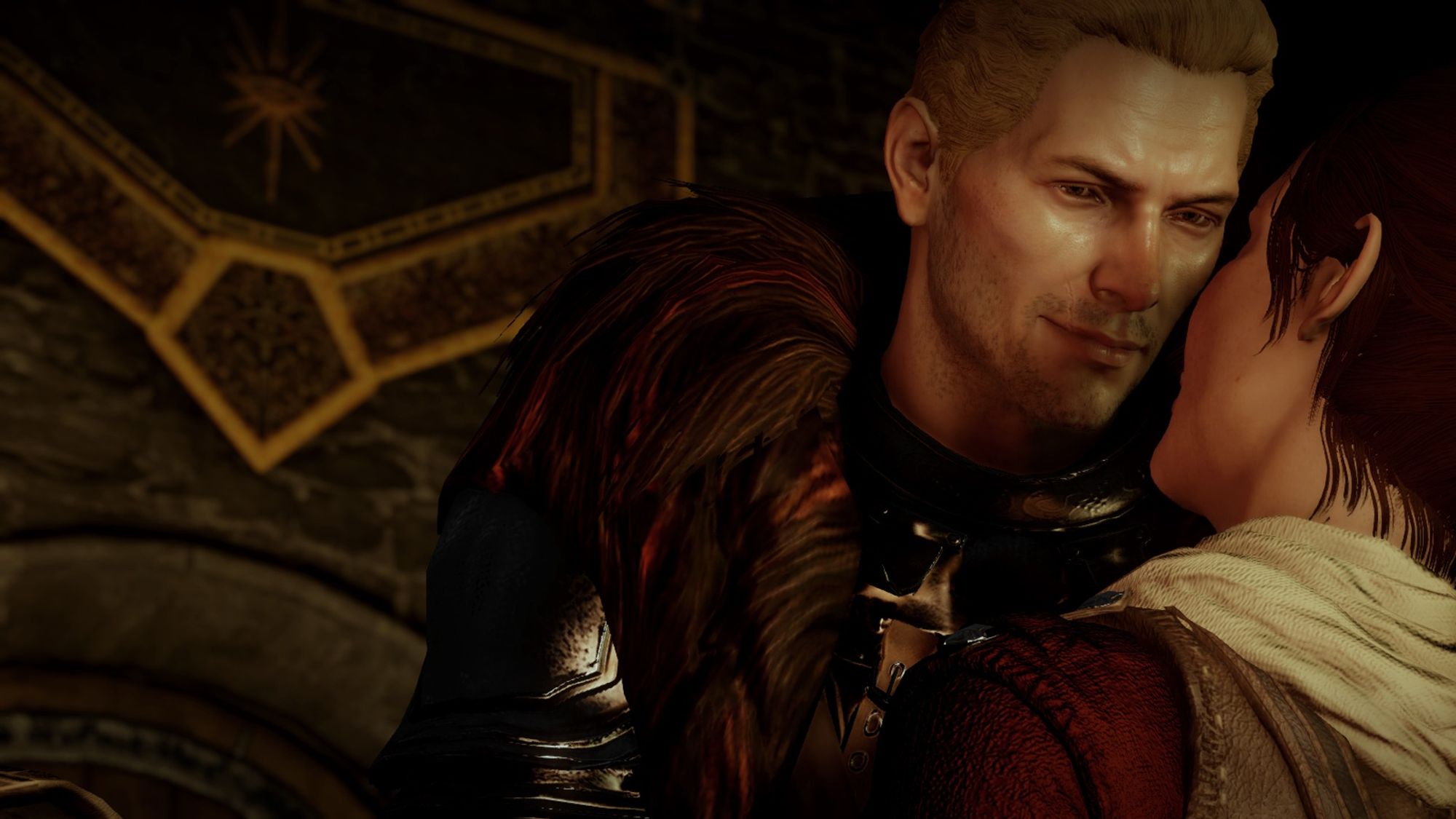 Cullen smiling seductively at the Inquisitor as he leans into her.