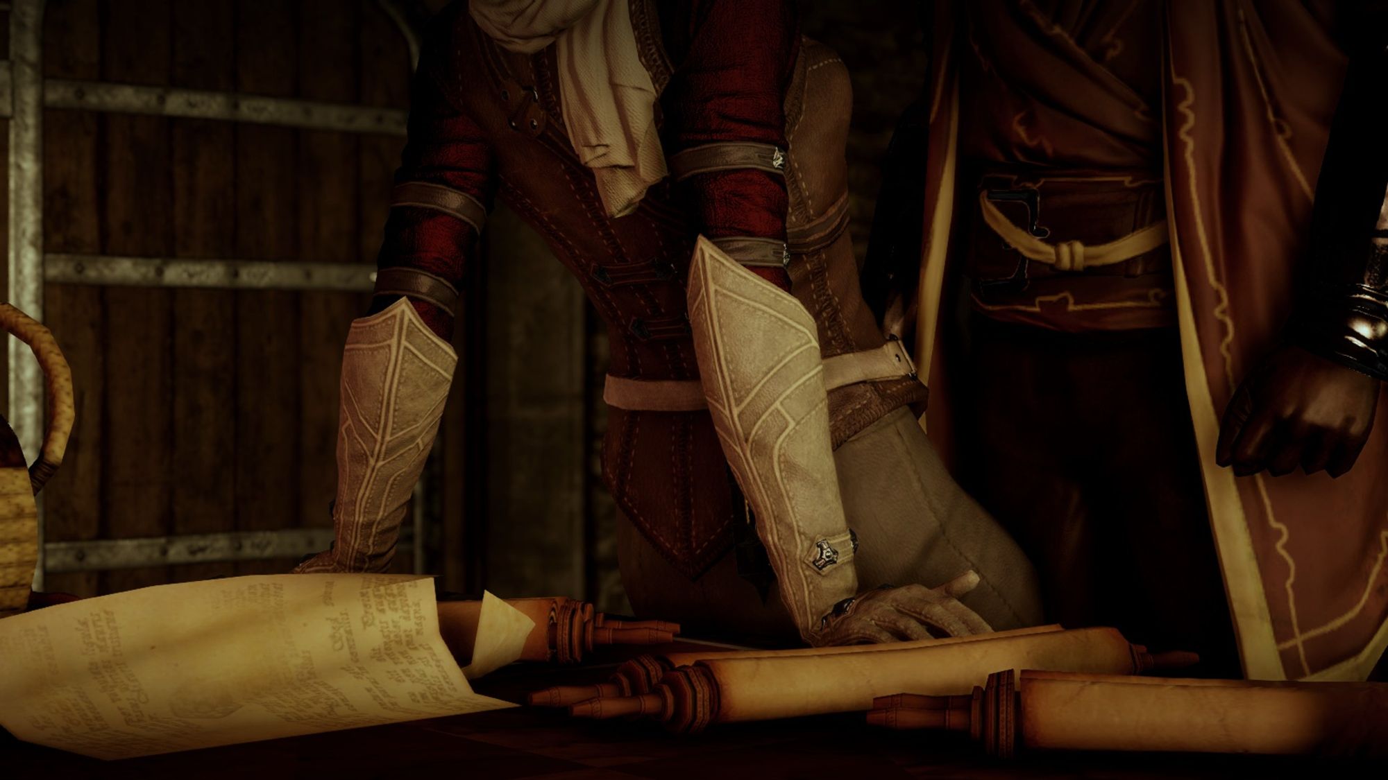 The Inquisitor leaning back on Cullen's desk while he stands in front of her.