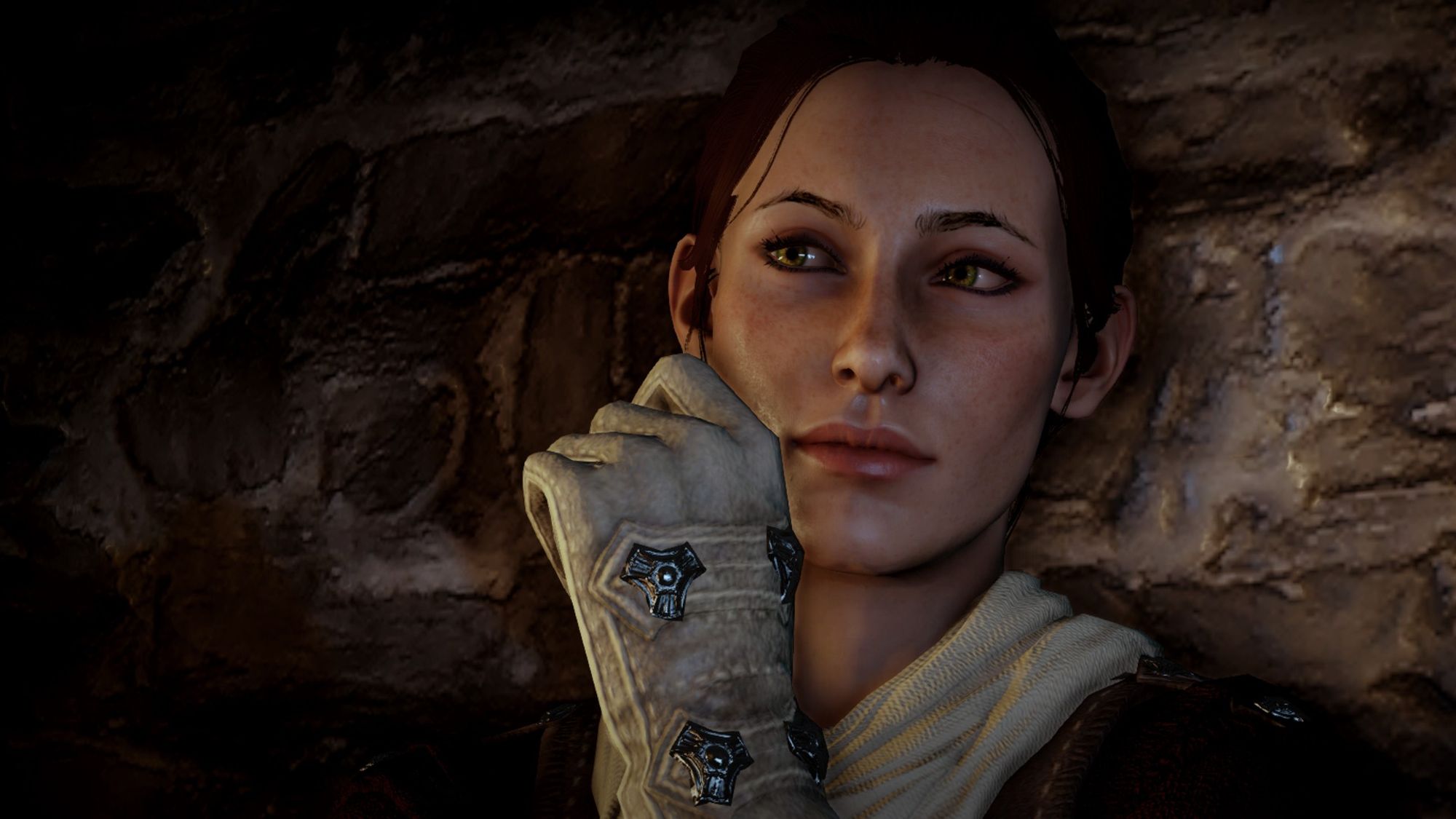 My Inquisitor Siobhan Trevelyan from Dragon Age Inquisition in Cullen's office during his romance scene.