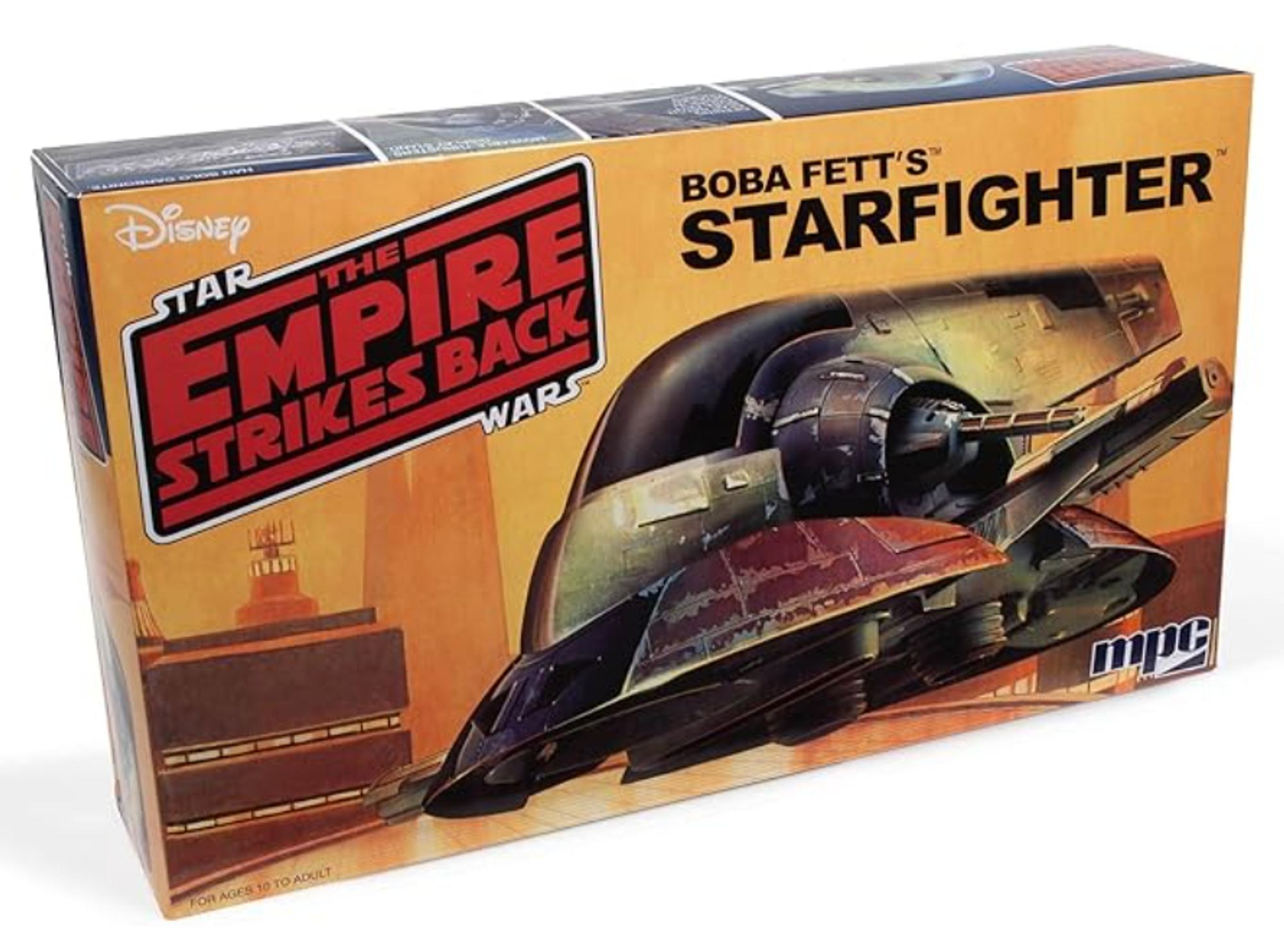 A picture of a toy in a box called "Boba Fett's Starfighter"