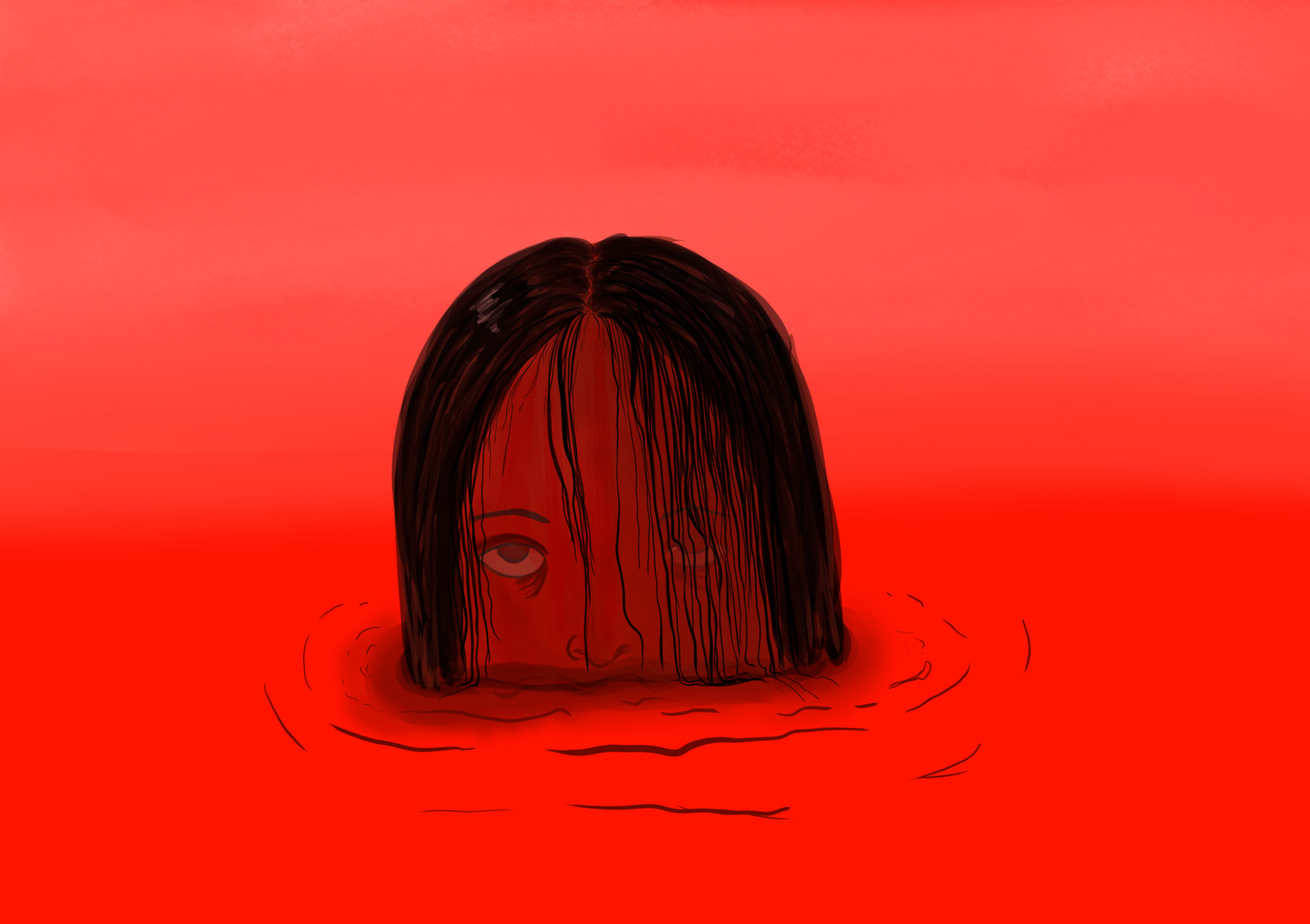 Illustration of a head coming out of some sort of red lake. Their eyes look dead, but they're looking intensely at the viewer. Their black hair are wet and stuck to their face in multiple spots.