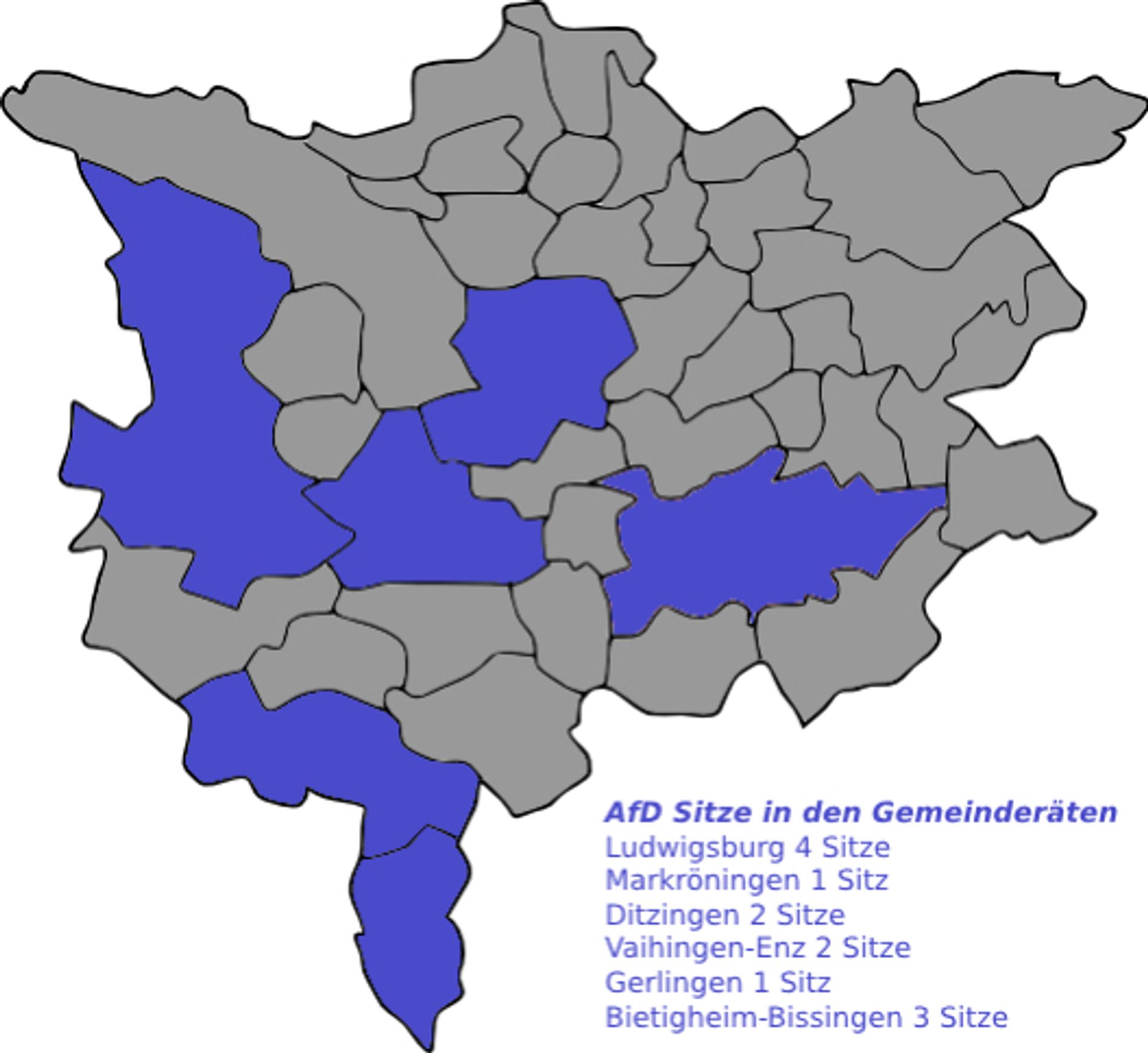 AfD Sitze in den Gemeinderäten
Ludwigsburg 4 Sitze
Markröningen 1 Sitz
Ditzingen 2 Sitze
Vaihingen-Enz 2 Sitze
Gerlingen 1 Sitz
Bietigheim-Bissingen 3 Sitze