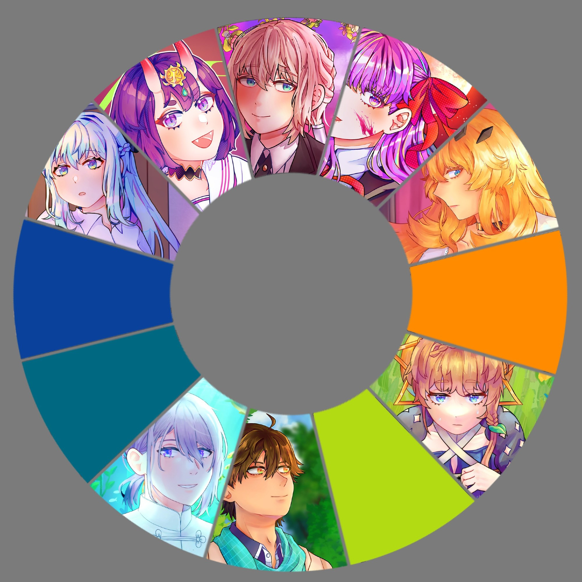 A 12 color wheel challenge template, only 8/12 filled with Fate / Grand Order fanart