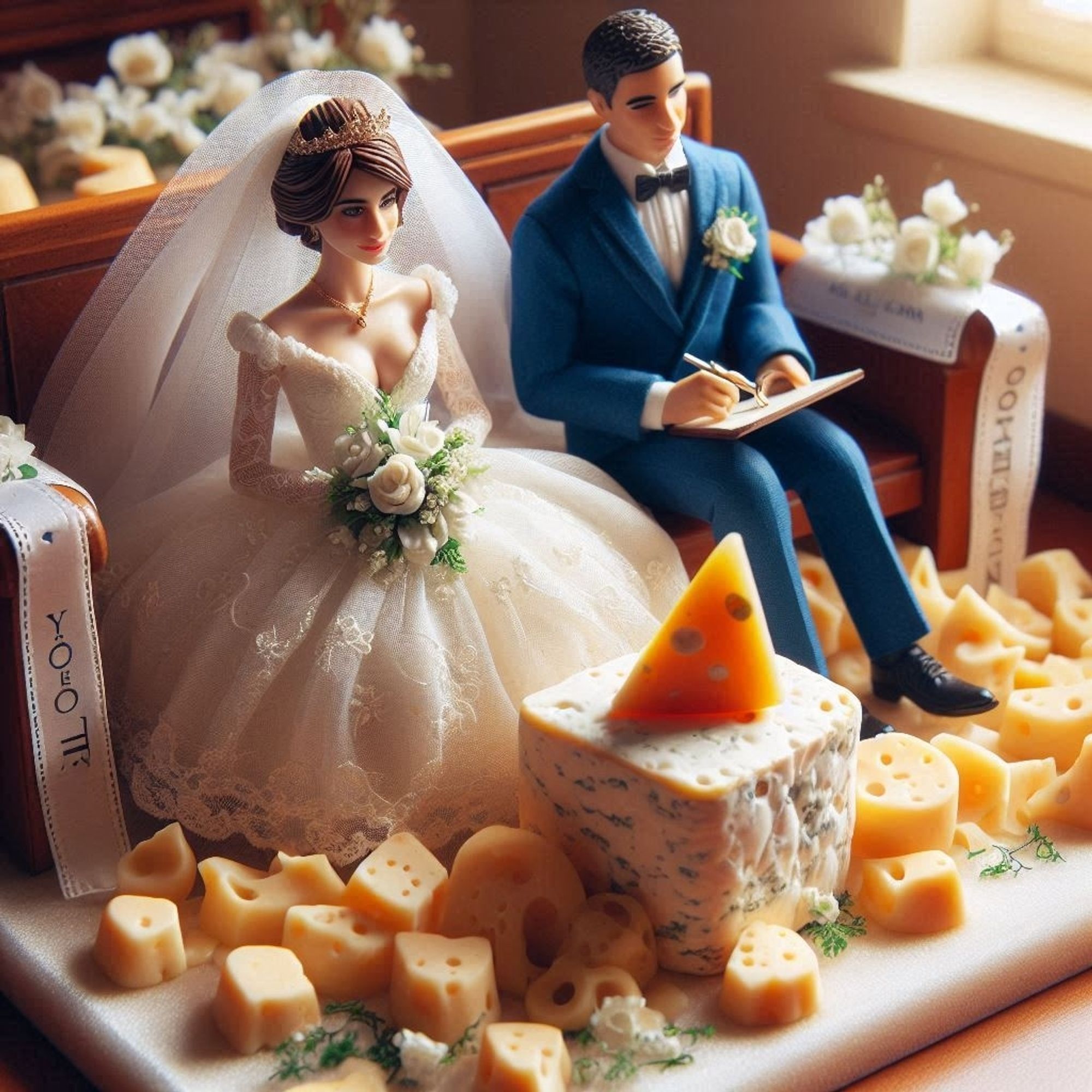 Ein KI generiertes Bild einer Hochzeitsszene. Statt der Ringe liegen vor dem Brautpaar viele Käse herum, unter anderem Blauschimmelkäse.