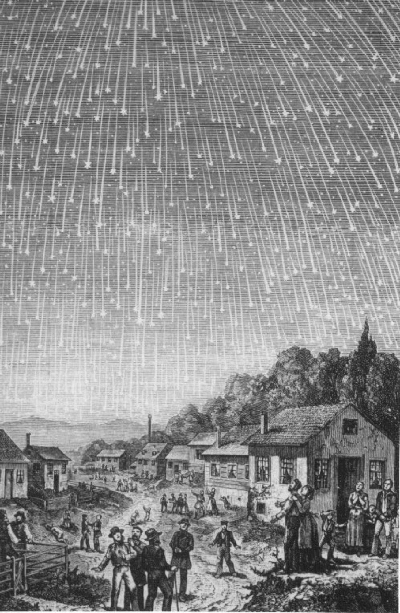 Etching of many shooting stars as seen Nov 1833. Etching by Adolf Vollmy