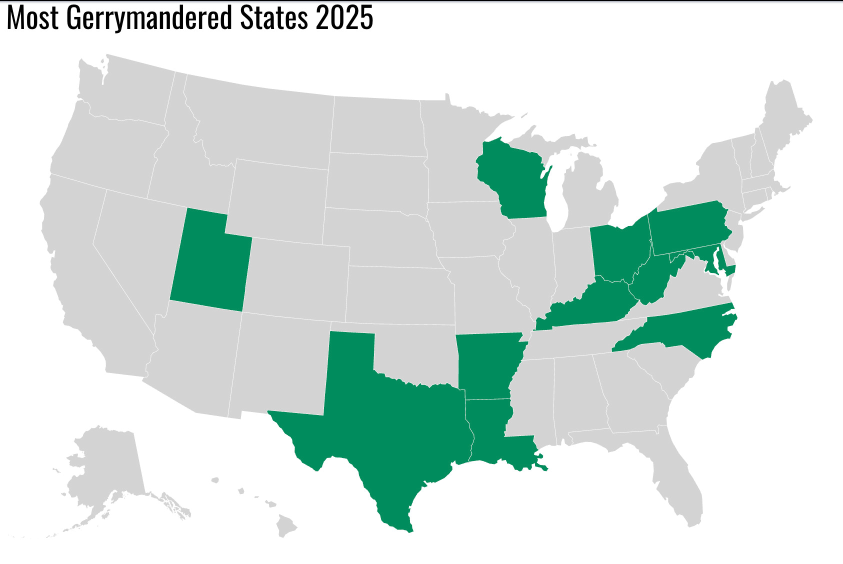 US with 10 most gerrymandered states highlighted