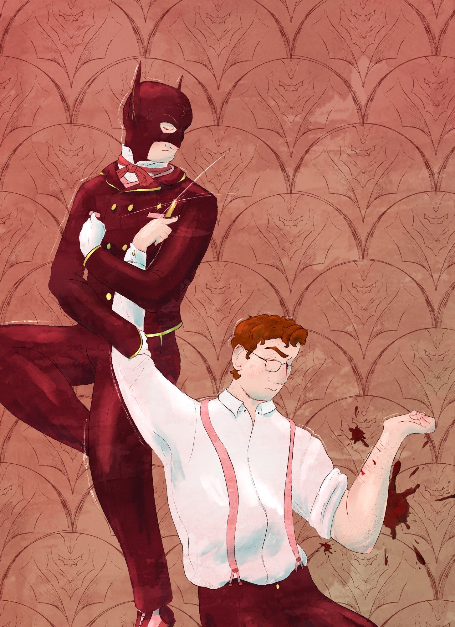 Art piece featuring Batman (left) holding back Bruce Wayne's (right) arm to keep him from cutting himself with a straight razor. Both figures are wearing 1920's clothing on an art deco background