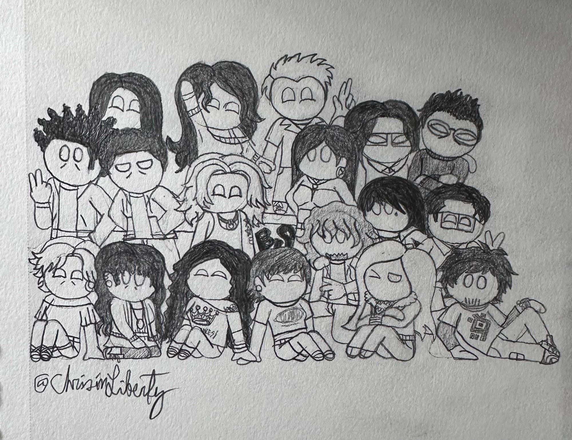 A doodled sketch of characters in a simple art style made as a result of using one of Brant Steele’s simulators. From top to bottom:
Row 1: Clarissa, Marisol, Jared
Row 2: Kareem, Spencer, Bryce, Tori, Nicholas, Seth
Row 3: (Under Row 2 but above Row 4; center right) Devin, Alexis, Armando
Row 4: Jenna, Savannah, Sasha, Cassidy, Angelica, Garrett