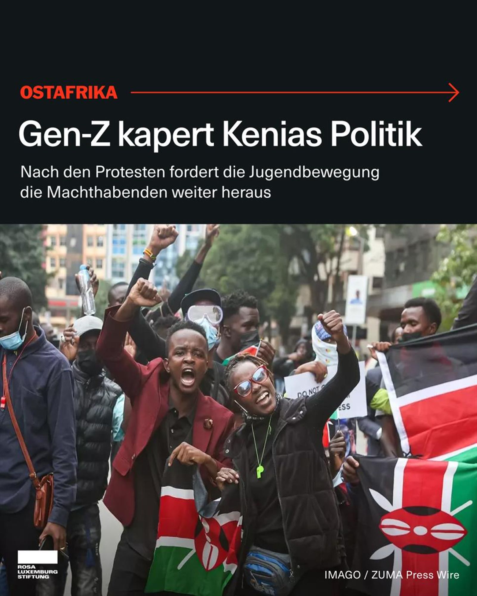 Ein Foto einer Demonstration gegen die Regierung in Nairobi, Kenia, am 16. Juli 2024. Dazu der Text: "Gen-Z kapert Kenias Politik. Nach den Protesten fordert die Jugendbewegung die Machthabenden weiter heraus."