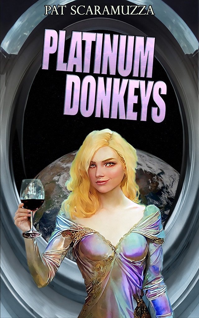 Novel cover for Platinum Donkeys, my sci-fi novel about neurodivergents taking over the world.  Depicted is the main character Maggie, holding a glass of wine and wearing a shimmering iridium dress, while standing in front of a space station portal with the Earth visible below.