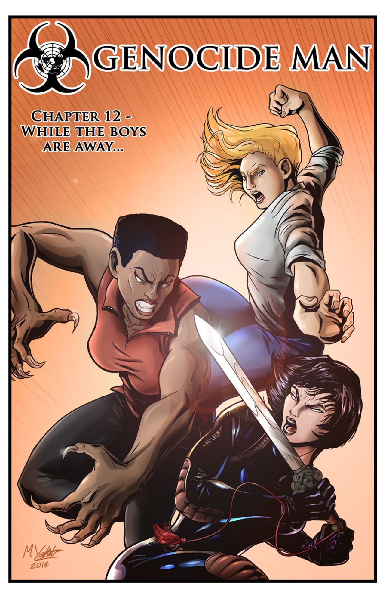 The cover of chapter 12 of Genocide Man, showing three women fighting. One, an African woman, is obviously enhanced with clawed fingers.  One is Caucasian with blonde hair.  One is Asian, has combat armor and has a sword.  The Asian is the villain, and the smart money's on her.