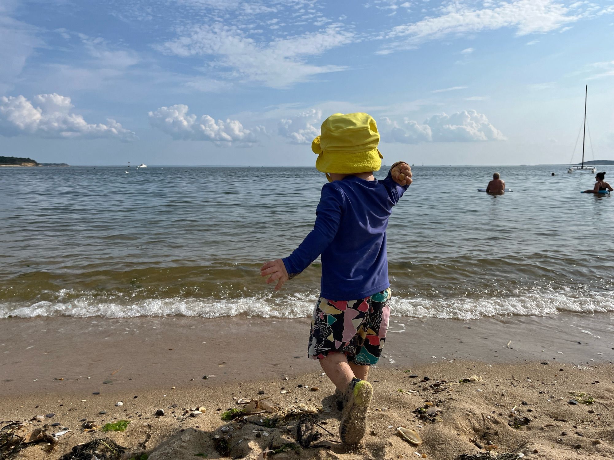 Toddler standing in front of the sea, facing away from the camera, about to throw a pebble into the surf