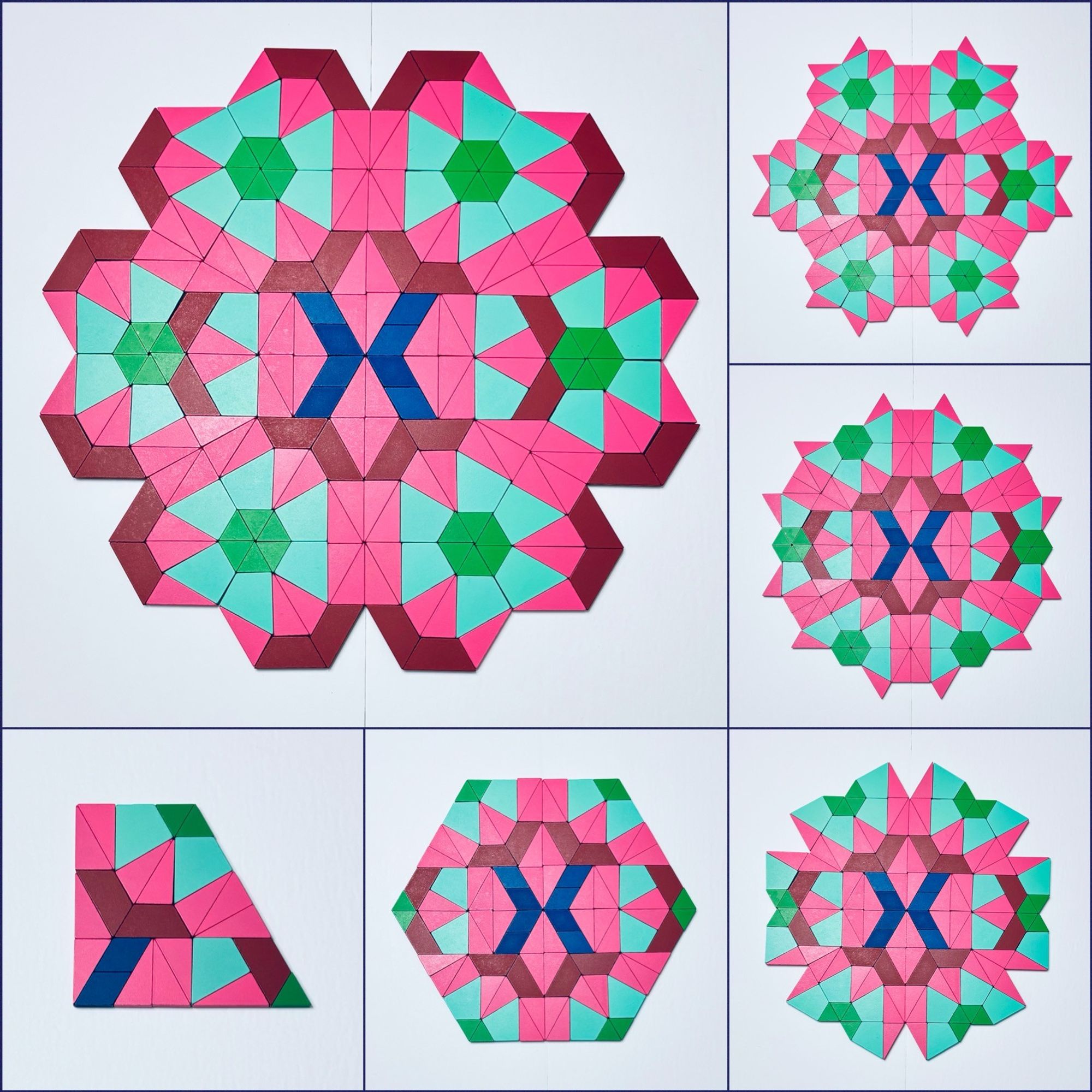 The first image along the bottom shows a right trapezoid. Four of these trapezoids are used to create the hexagon in the second image. The other images show the progression of the design as it builds on the hexagon image.