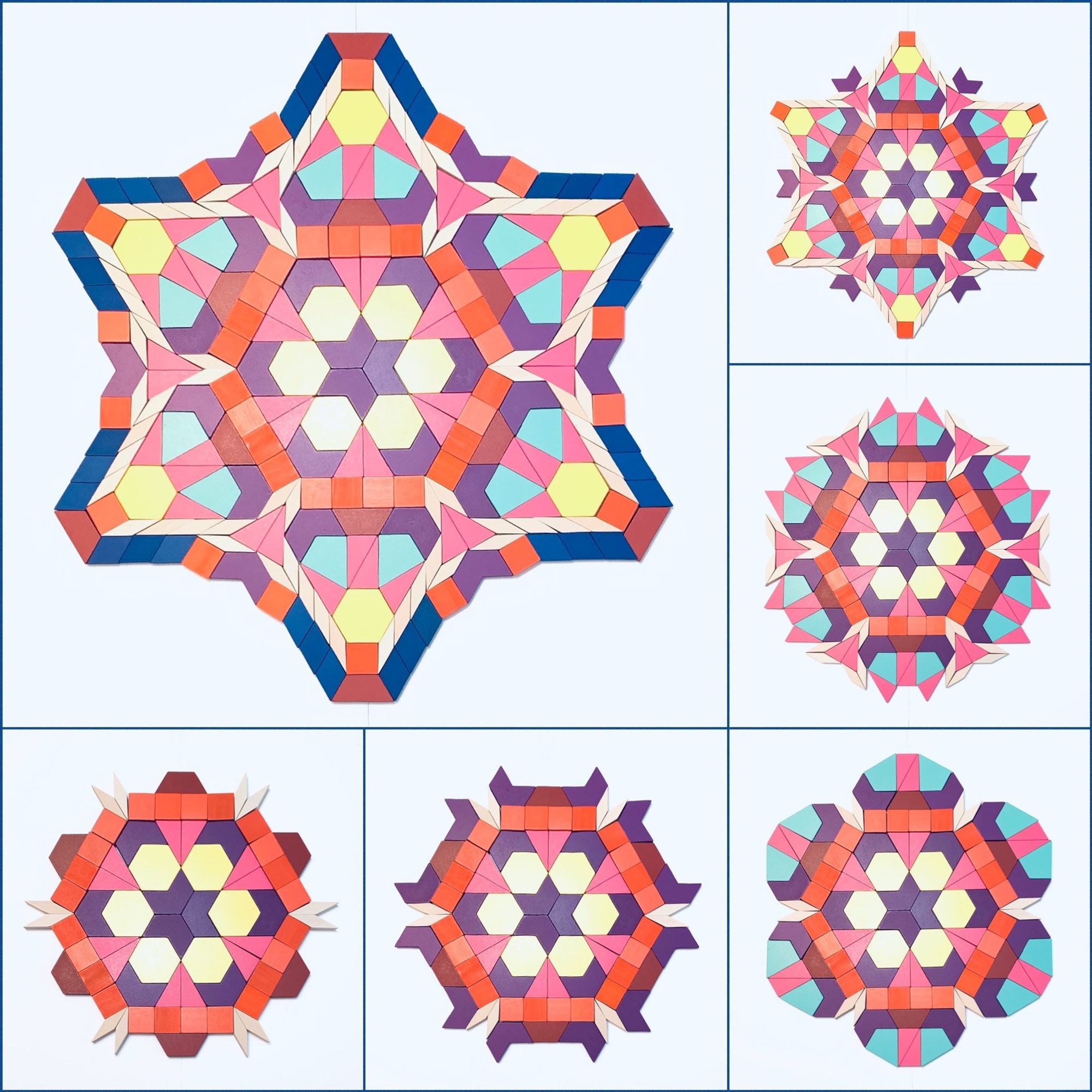 The main image shows a radial design created with 21st Century Pattern Blocks and classic pattern blocks. The design uses blue kites, orange squares, blue and tan rhombuses, yellow and purple hexagons, red trapezoids, and pink triangles. It also shows various stages of the design along the bottom and on the right side of the image.