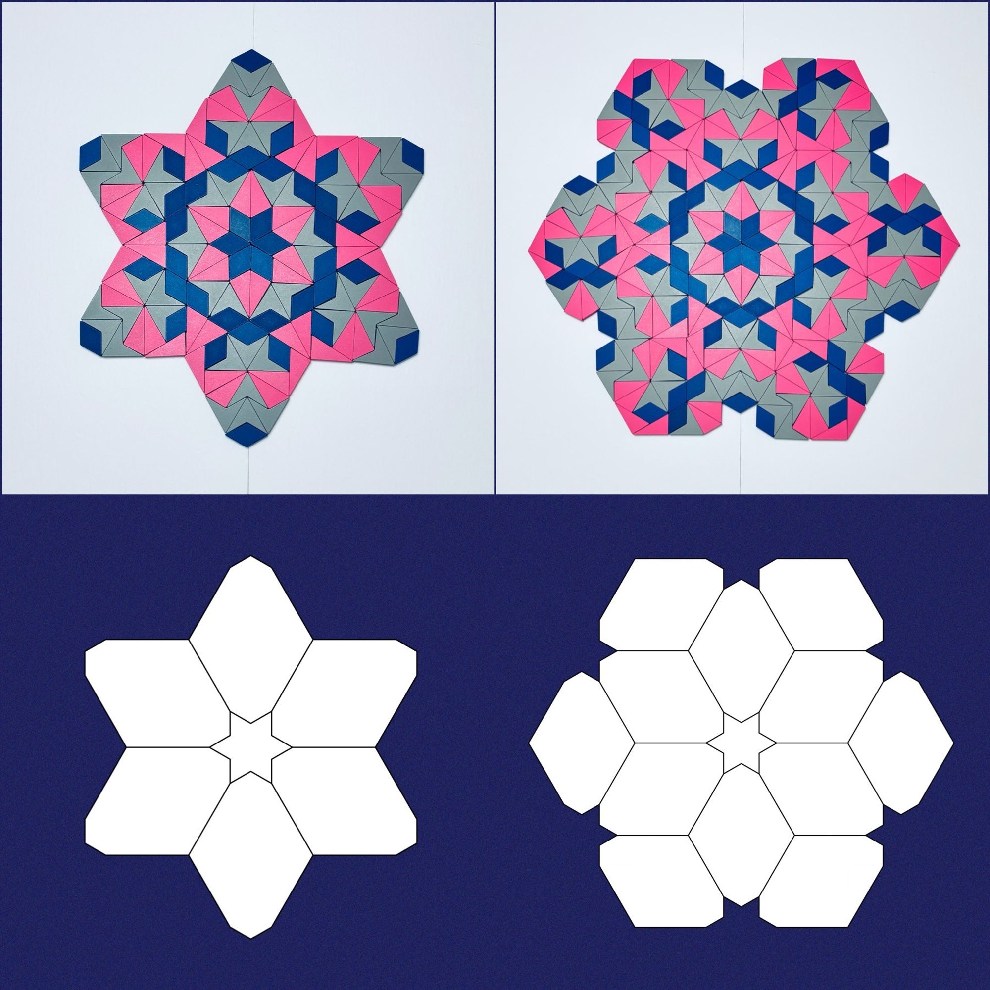 The design starts with 6 octagons arranged around a central 6-pointed star. The next layer adds 6 more octagons.