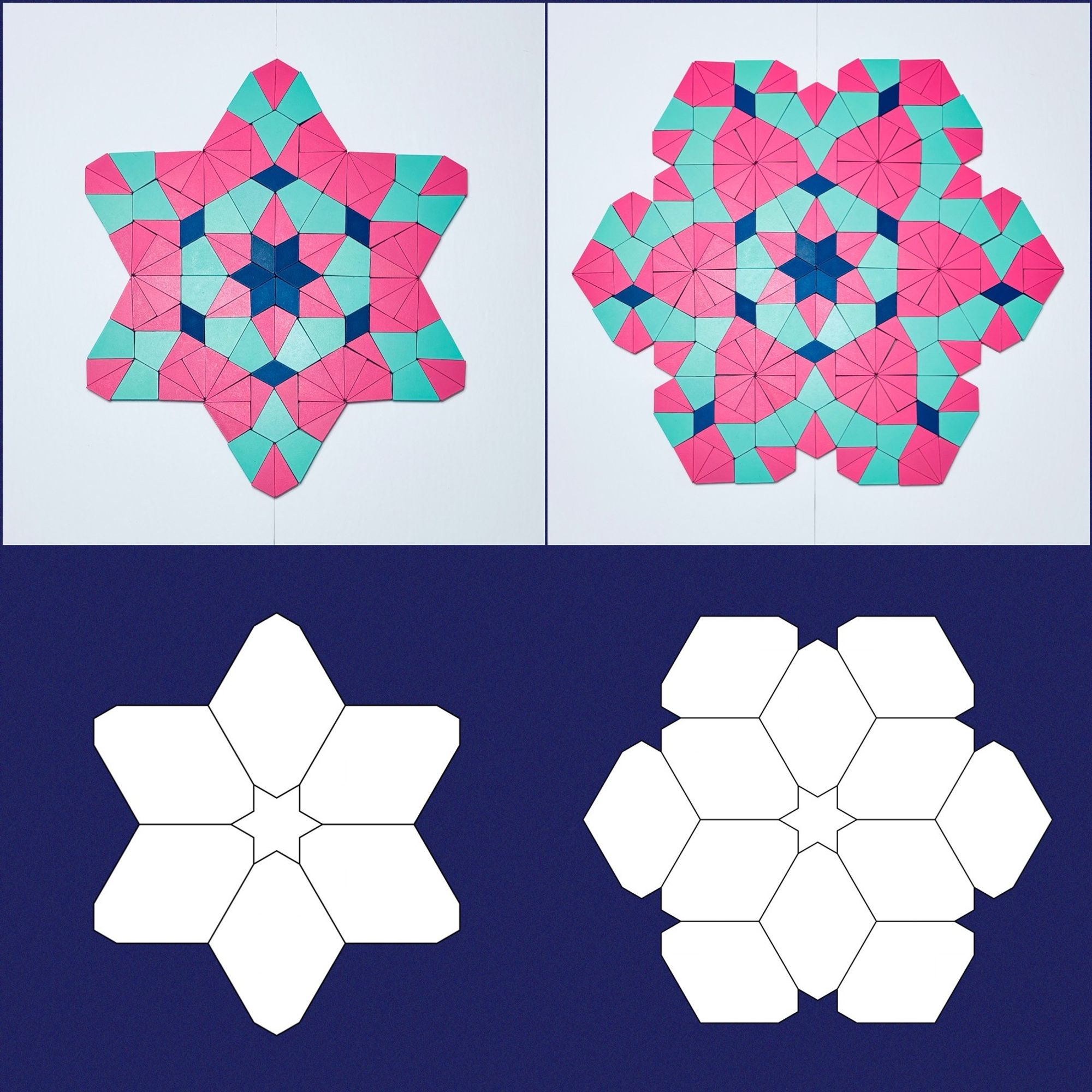 The design starts with 6 octagons arranged around a central 6-pointed star. The next layer adds 6 more octagons.