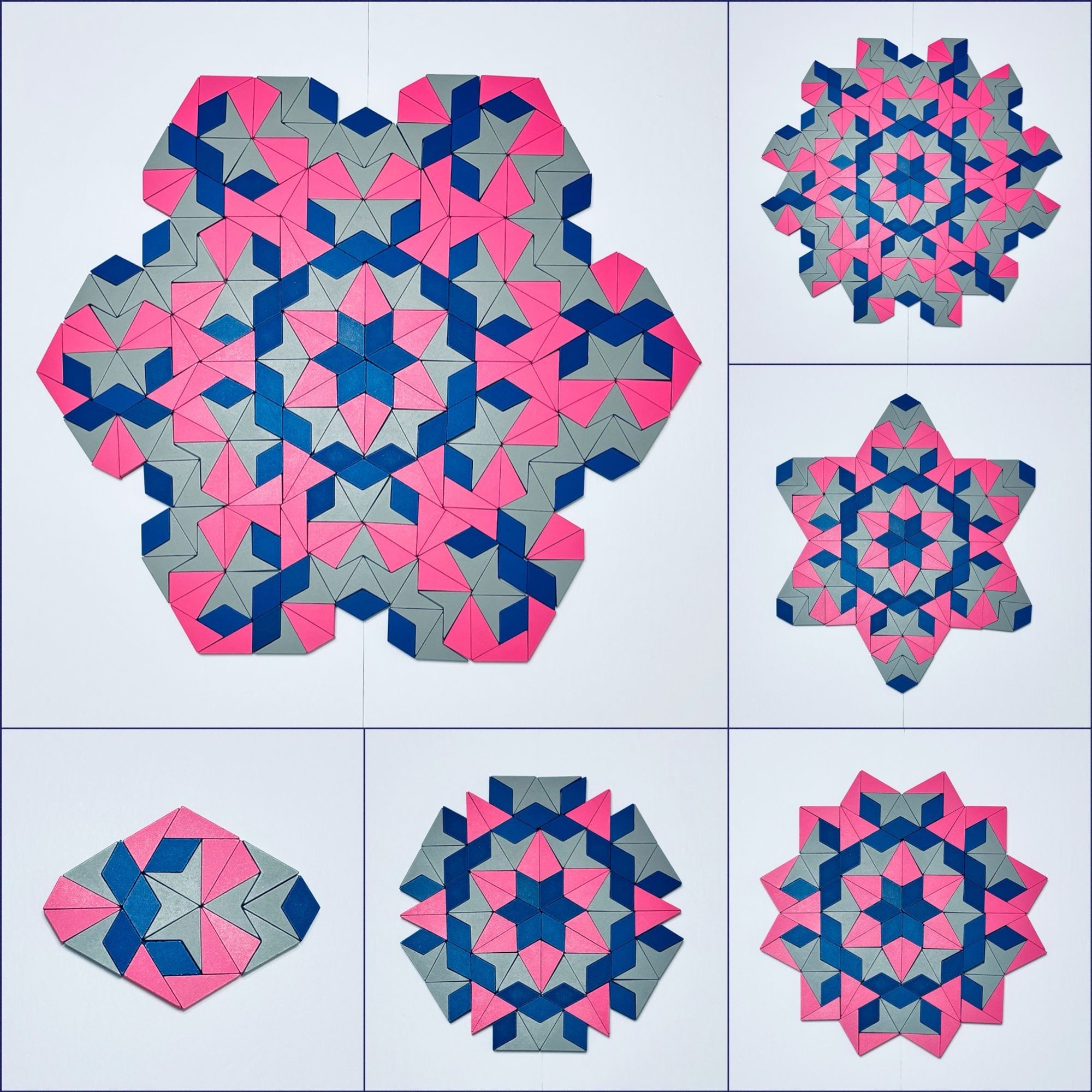 The main image shows a radial design created with 21st Century Pattern Blocks. It was built by arranging 6 octagons around a central star. The design uses gray darts, blue rhombuses, and pink triangles. It also shows various stages of the design along the bottom and on the right side of the image.