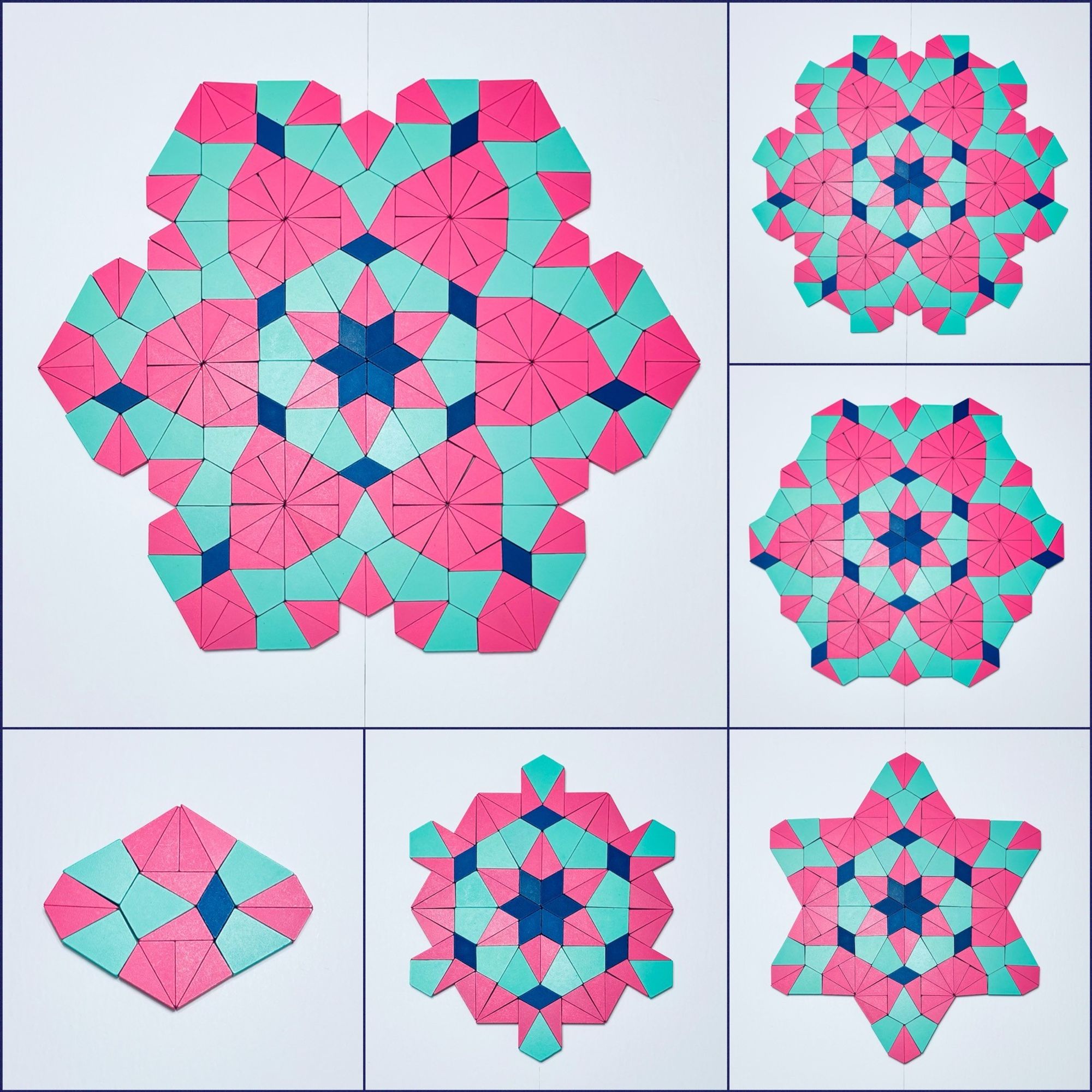 The main image shows a radial design created with 21st Century Pattern Blocks. It was built by arranging 6 octagons around a central star. The design uses teal kites, blue rhombuses, and pink triangles. It also shows various stages of the design along the bottom and on the right side of the image.