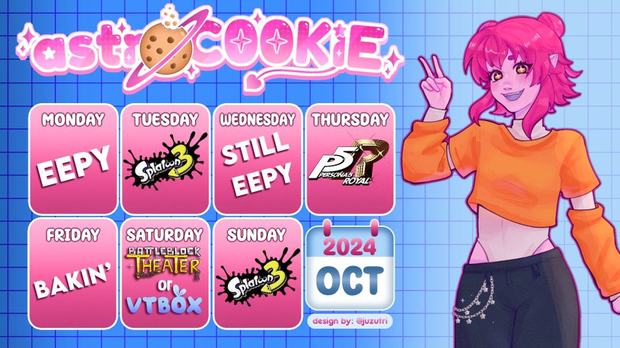 astro's schedule for october 2024. monday, wednesday, and friday are off days with no streams. tuesday is scheduled for splatoon 3. thursday is scheduled for persona 5 royal. saturday alternates between battleblock theatre and jackbox (VTBOX). Sunday is scheduled for splatoon 3 again.