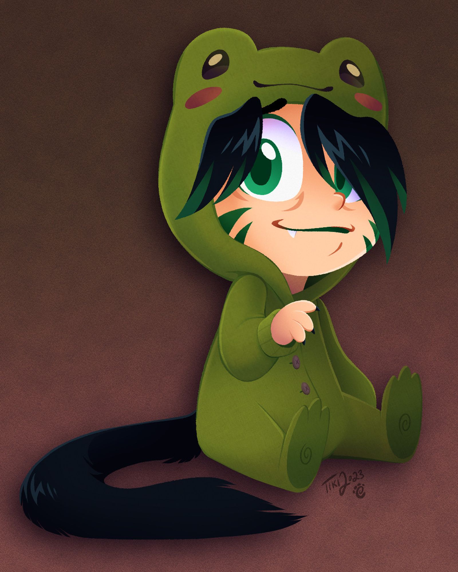 My FFXIV character, Kirih'a, drawn in a chibi style wearing a frog onesie/kigurumi.