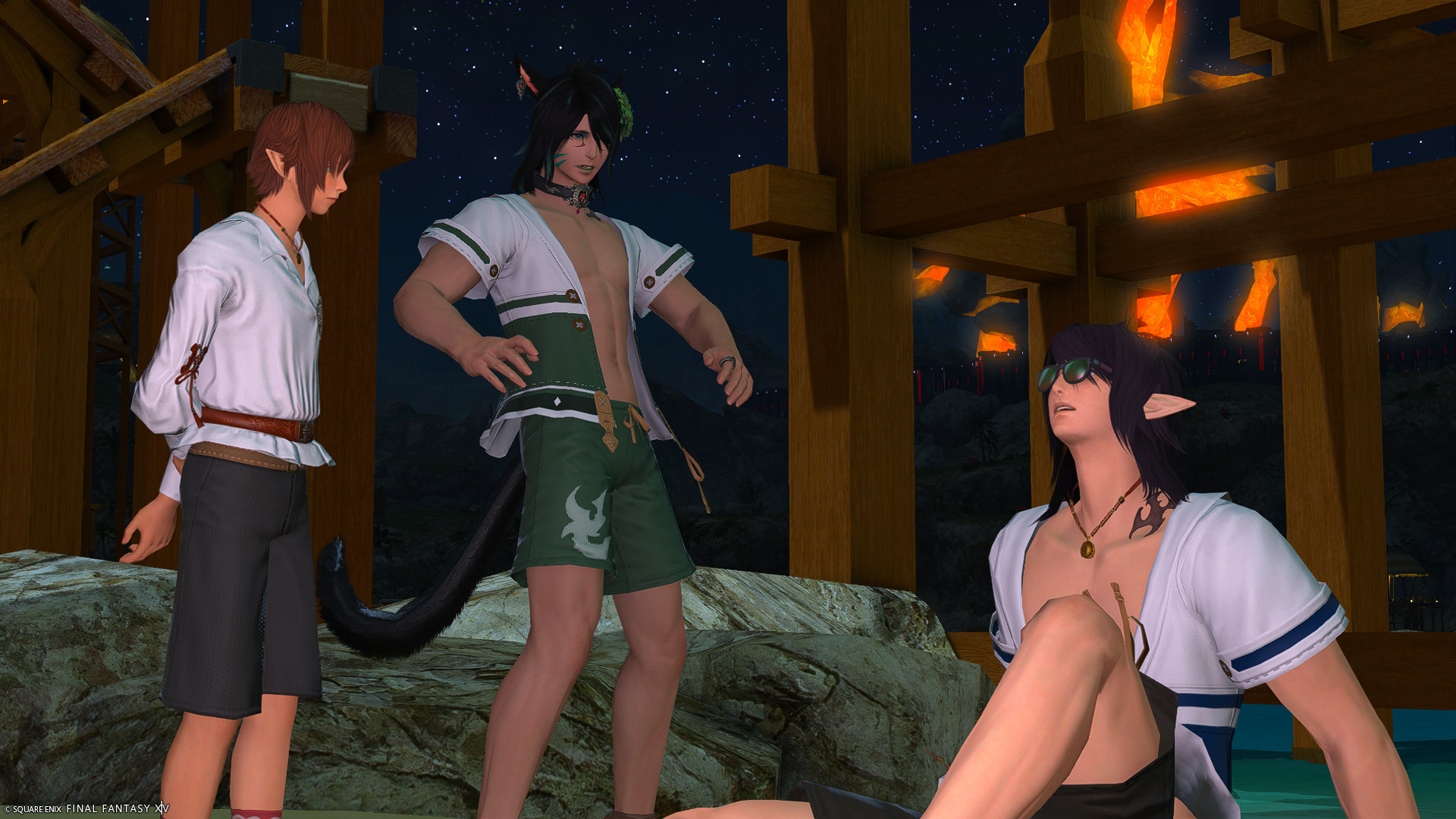 Honoroit and Kirih'a stand over Emmanellain who is sitting on the ground after taking a tumble off the jumping puzzle at Moonfire Faire. Kirih'a has a shocked/worried expression.