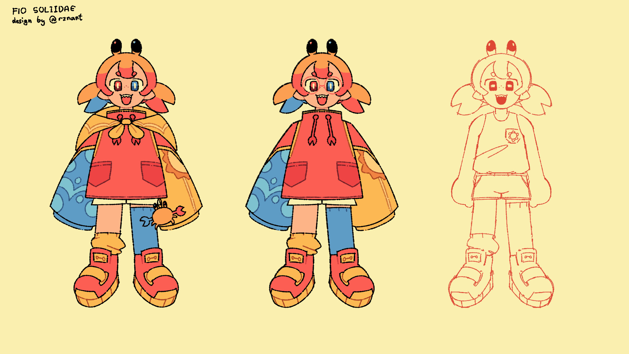 A reference sheet for VTuber Fio Soliidae's design. The sheet features three forward-facing, full-body shots of Fio.

Fio is wearing red shoes with yellow details, their left sock is yellow and is loosely bunched up around the top of the shoe while their right sock is blue and goes to their mid-thigh. They're wearing a tricolored jacket; the main body of the jacket is red, and it has two pockets towards the bottom. The left sleeve is blue and features a bubble/water design. The right sleeve is yellow and features a sun design. From the bottom right of the jacket hangs a crab plushie keychain. The crab's body is orange, it's left claw is blue, and it's right claw is red. Pale yellow shorts are barely visible as they peek out from the bottom of the hem of the jacket. Fio has a pañuelo (scarf/shawl) tied around their shoulders, making a little bow in the center of their chest. They have slightly tan skin. They're giving an open-mouthed smile that shows off their sharp teeth. Their left eye is red, their right eye is blue, and their pupils are vertical lines. Their hair is a low pigtail style, except the pigtails are crab claws. The bottom half of the left crab claw pigtail is blue whereas the bottom half of the right crab claw pigtail is red. At the top of their head, two crab eyestalks can be seen, with pupils that match the color of Fio's eyes (left red, right blue).

Shot 2 depicts the same outfit, minus the pañuelo and the crab plushie, and with the addition of round, red glasses. Now that the pañuelo is removed, the details of the drawstrings at the top of the jacket are visible. The bottom of the strings are shaped like crab claws.

Shot 3 is uncolored, and depicts the outfit Fio has on underneath their jacket. They're wearing a tank top that has a right breast pocket with a sun design on it, and that tank top is tucked into their shorts.